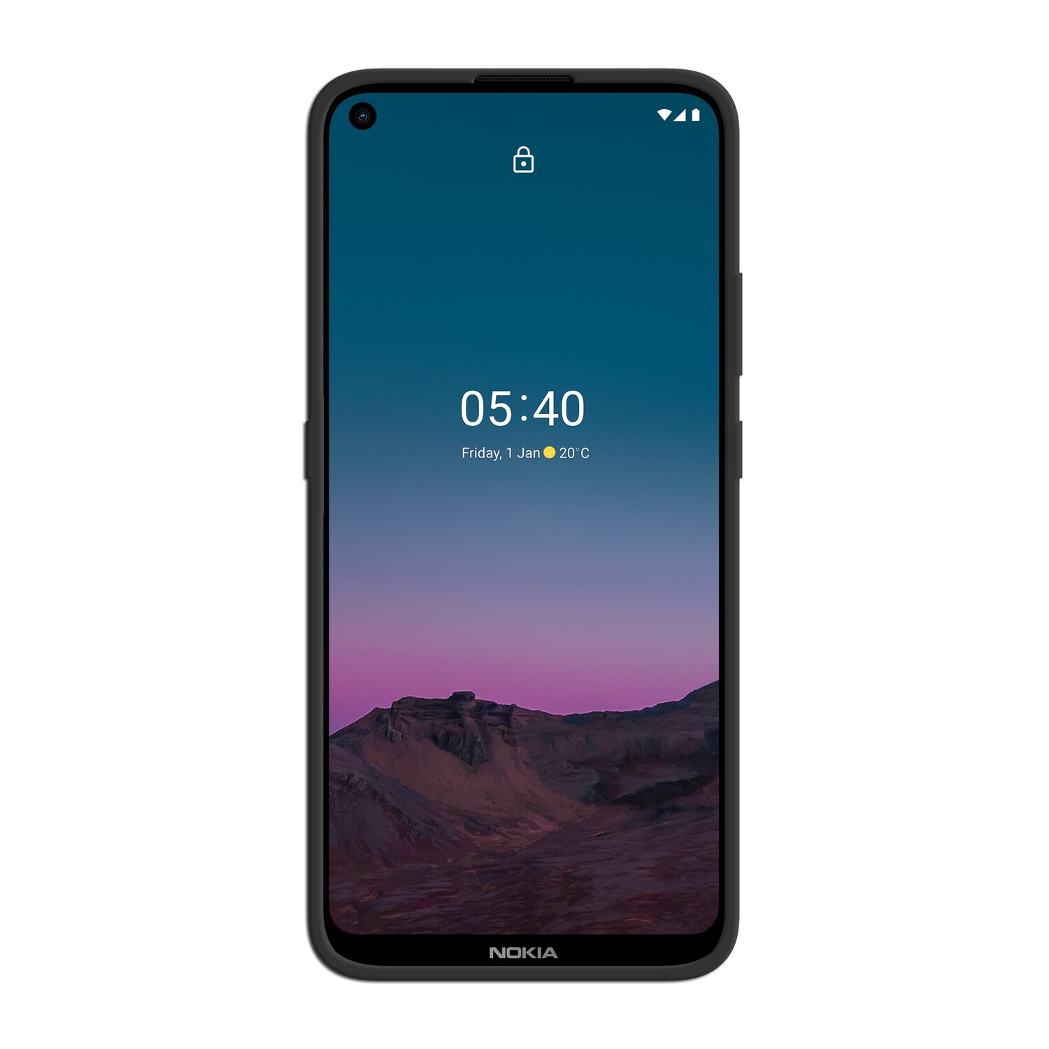 Ein Smartphone mit dunklem Bildschirm, der Zeit, Datum und ein Schloss-Symbol anzeigt.