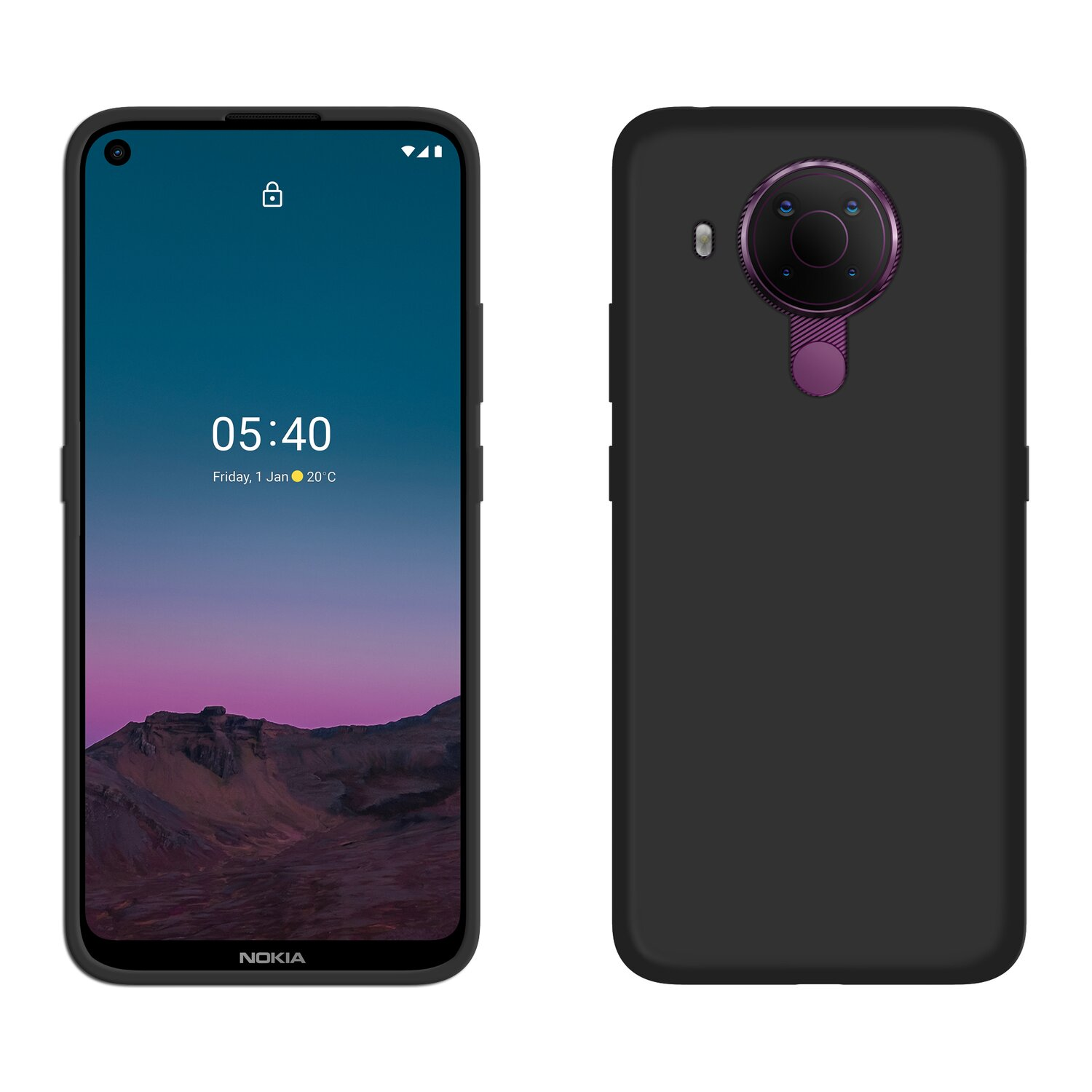 Nokia-Telefon, zwei Ansichten. Vorderseite zeigt Bildschirm, Rückseite Kamera.