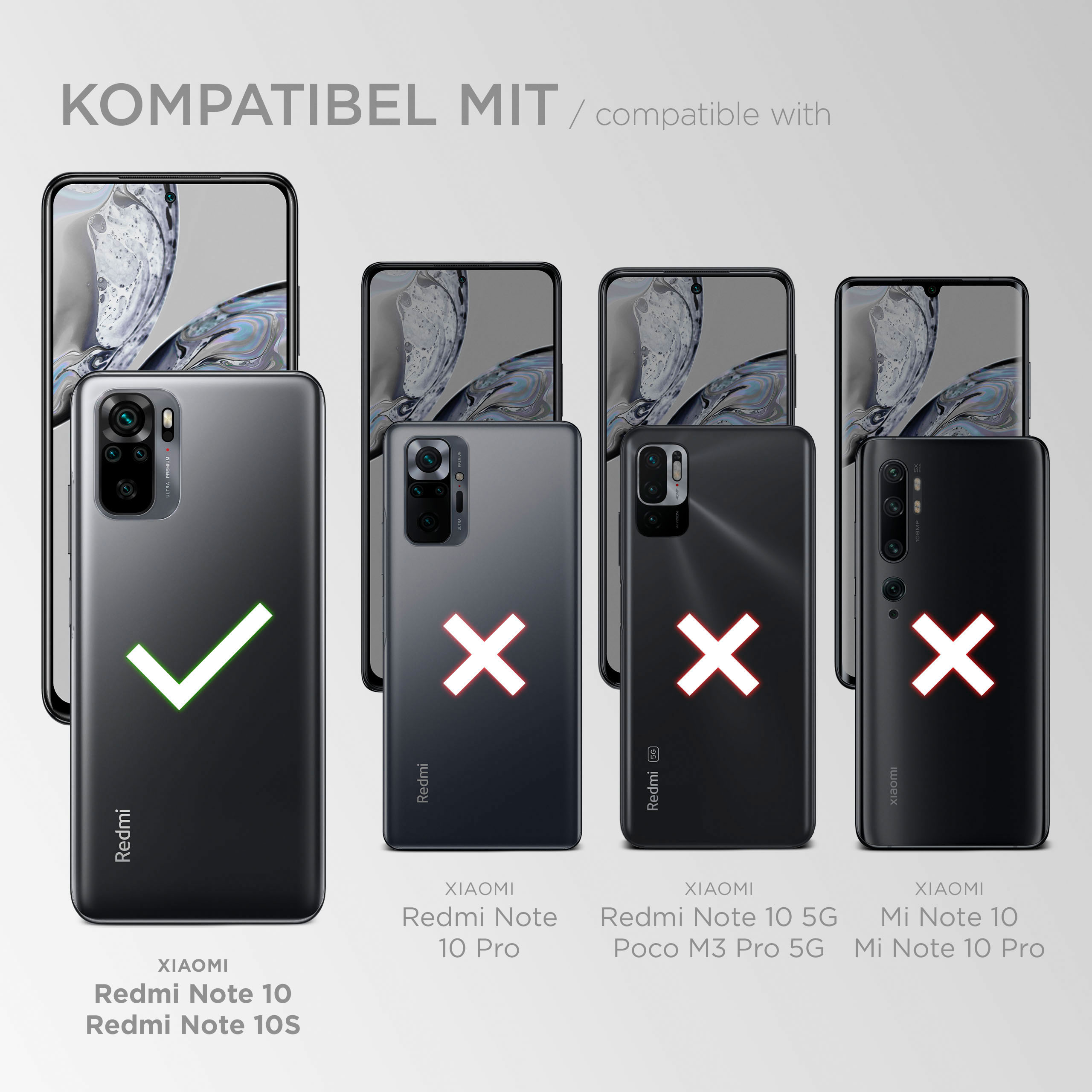 Vier Xiaomi-Handys mit Kompatibilitätssymbolen. Ein grüner Haken, drei rote Kreuze.