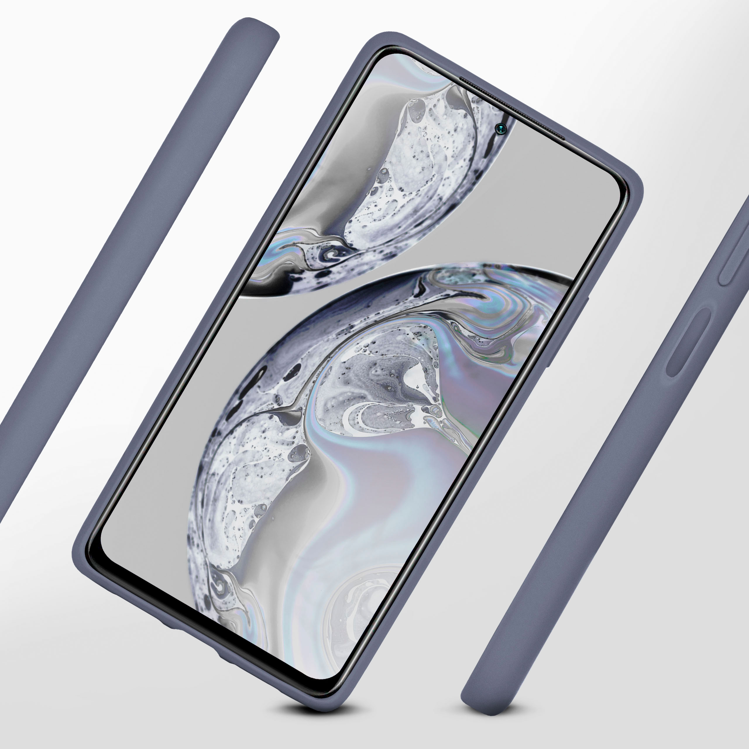 Graues Smartphone mit abstrakter Tapete, umgeben von drei Hüllen.