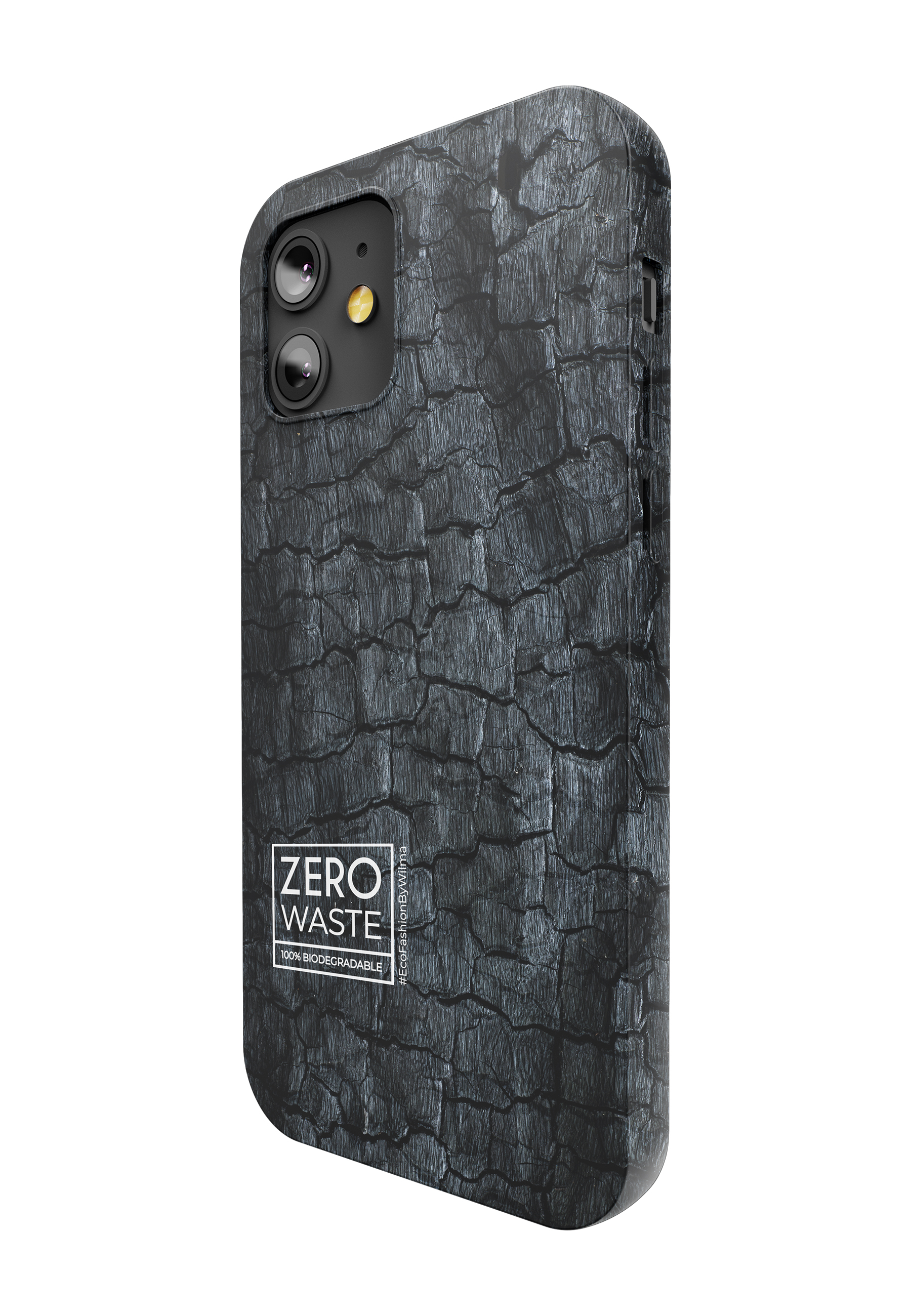 Eine schwarze Handyhülle mit einem strukturierten, holzähnlichen Muster. Die Worte ZERO WASTE stehen auf der Hülle.
