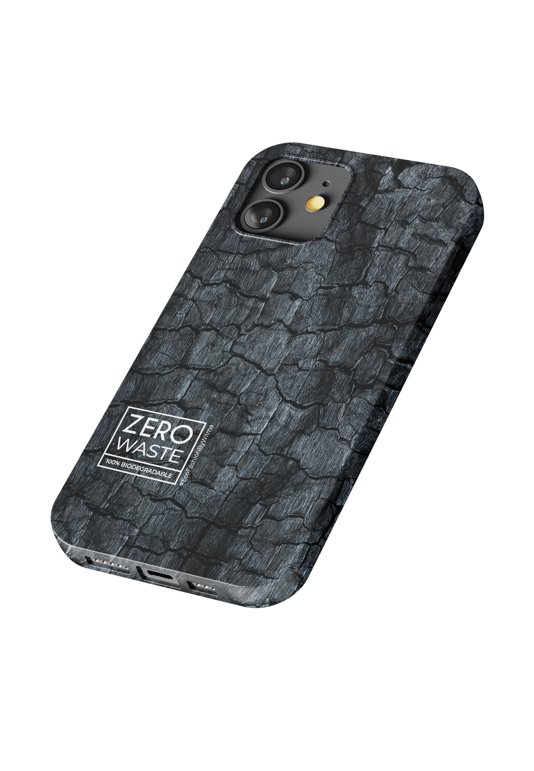 Schwarze Handyhülle mit Holzmaserung, beschriftet mit 'ZERO WASTE' und '100% BIODEGRADABLE'.