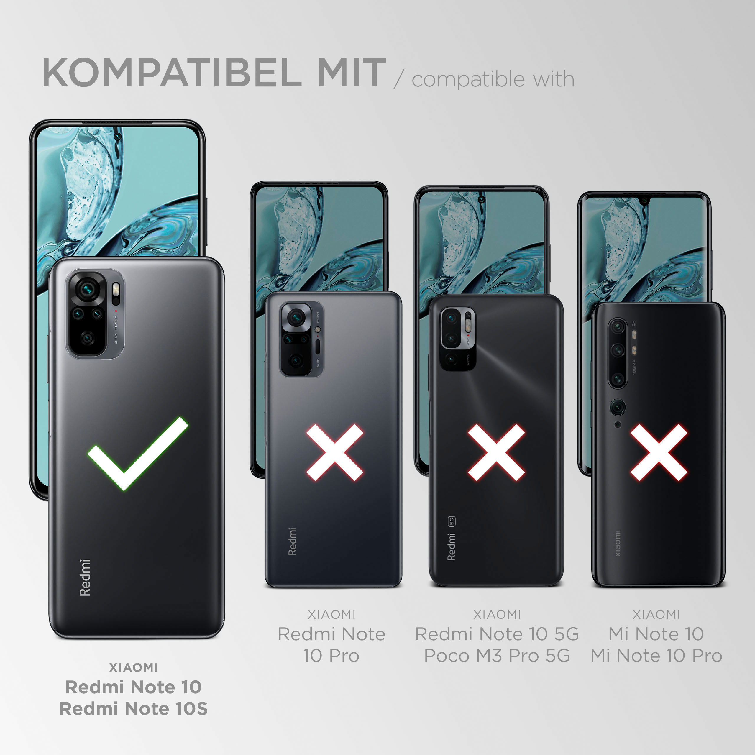 Vier Smartphones, eines mit Häkchen, drei mit Kreuzen. Kompatibel mit.