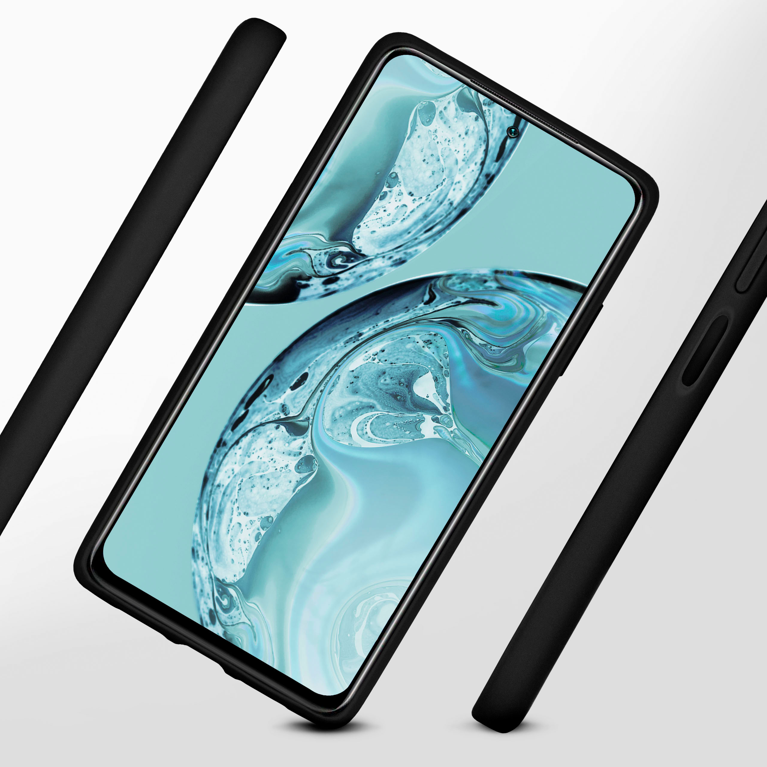 Ein schwarzes Smartphone in einer Hülle mit einem abstrakten blauen Hintergrund.