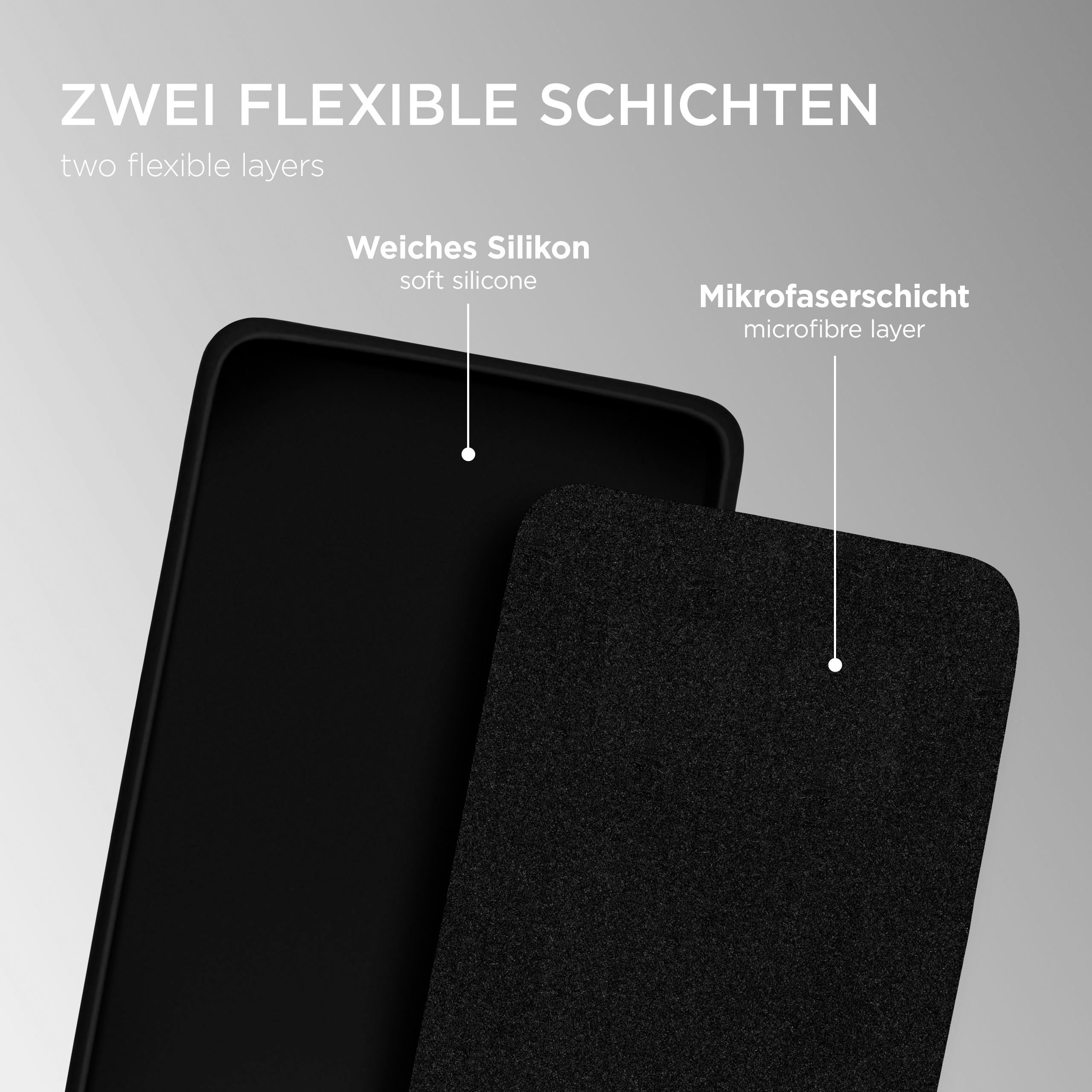 Zwei schwarze Schichten: weiches Silikon und Mikrofaser.