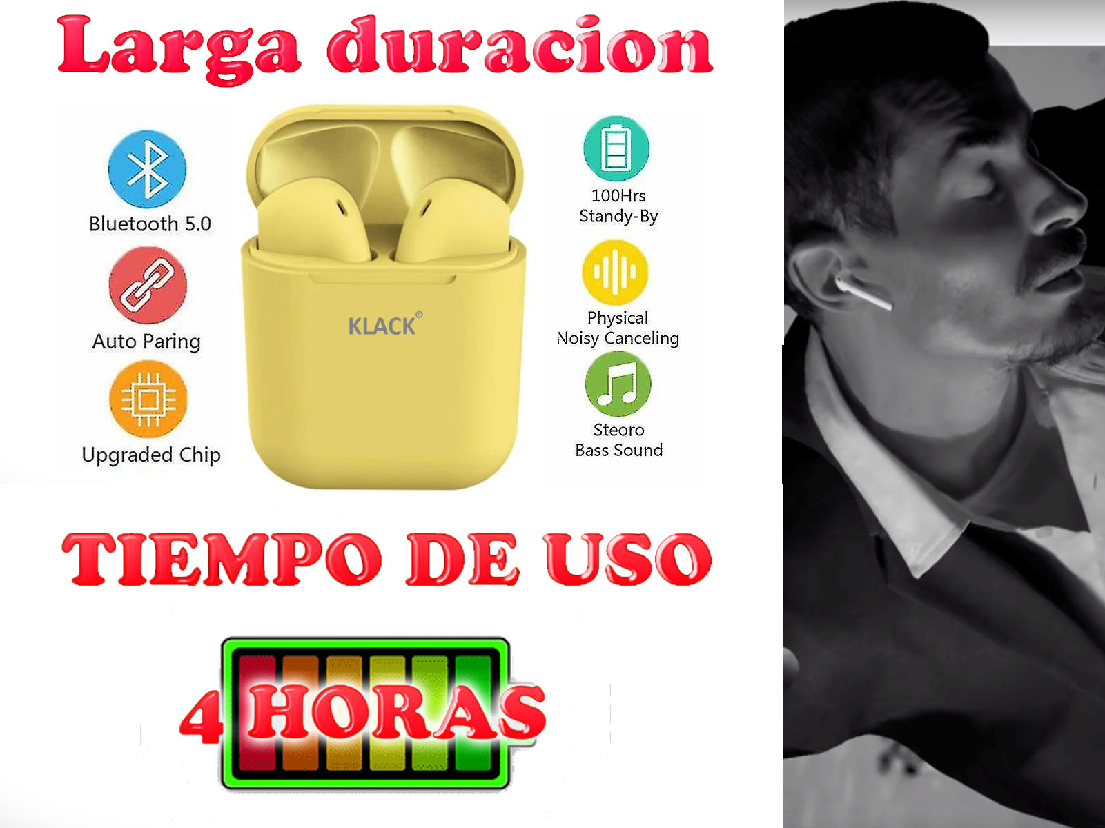 Auriculares en estuche de carga con texto en español. Hombre en blanco y negro al fondo.