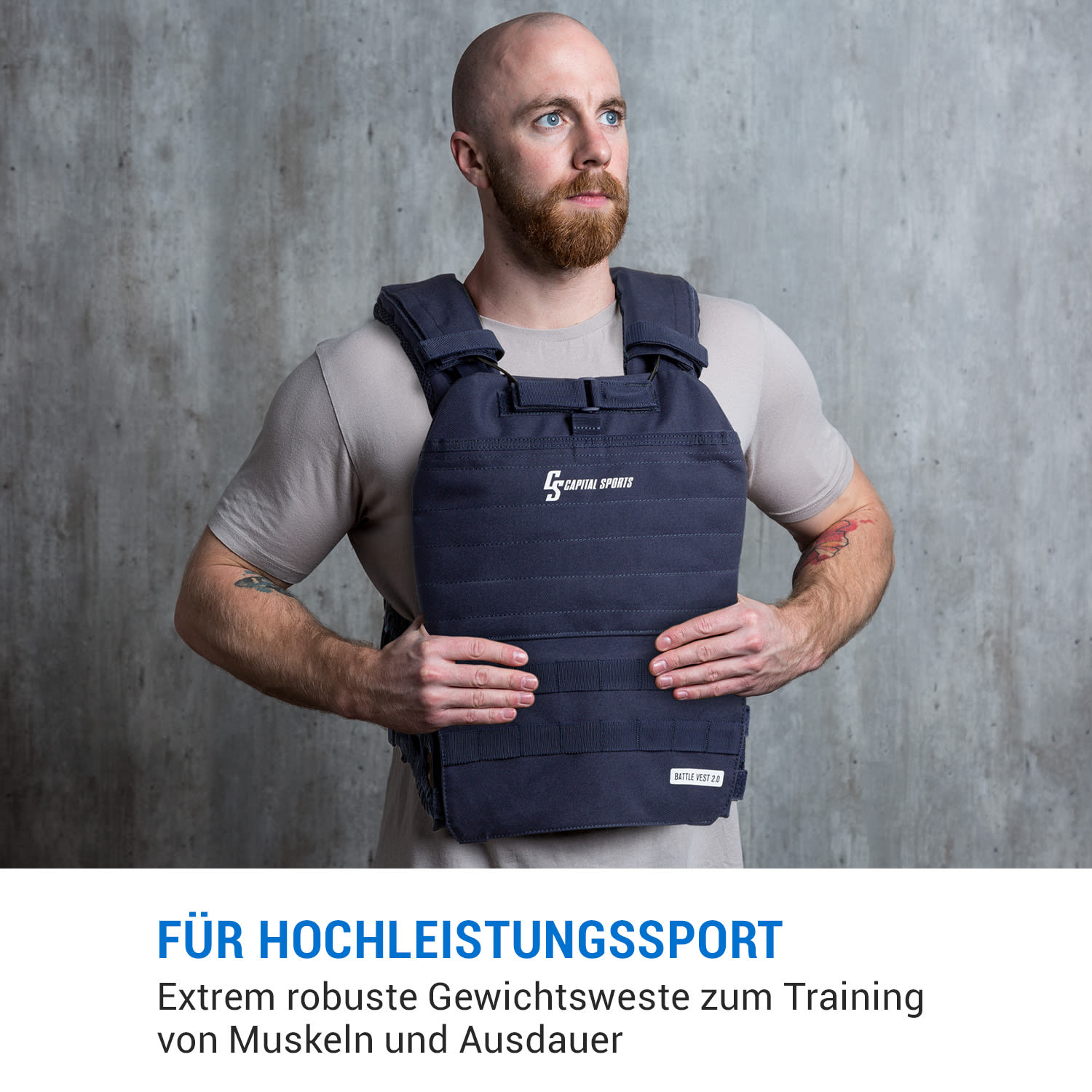 Mann mit marineblauer Gewichtsweste. Text: 'Für Hochleistungssport. Gewichtsweste zum Training'.