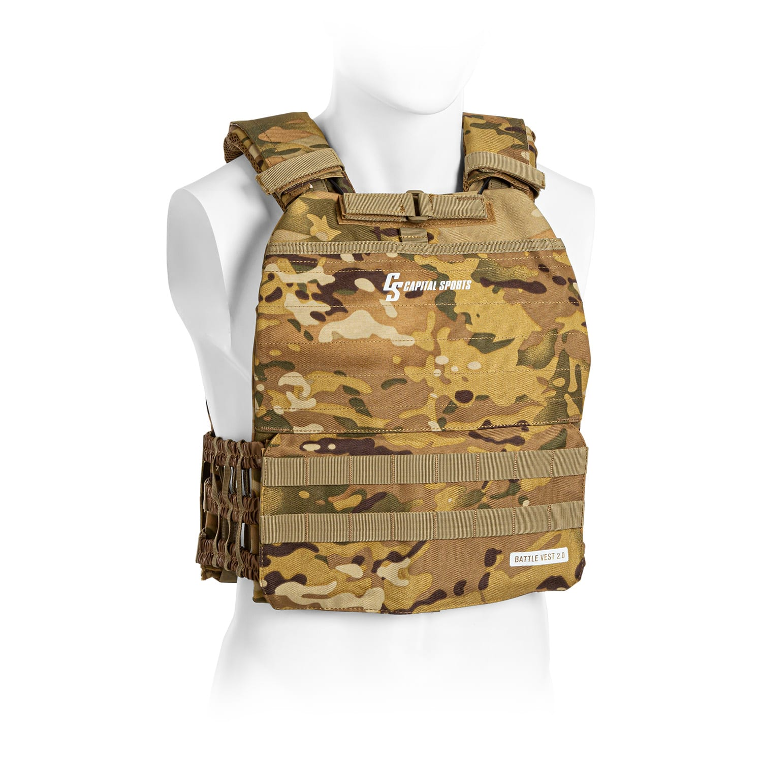 Tarnfarbene Gewichtsweste an einer Schaufensterpuppe. Text: Capital Sports, Battle Vest 2.0.