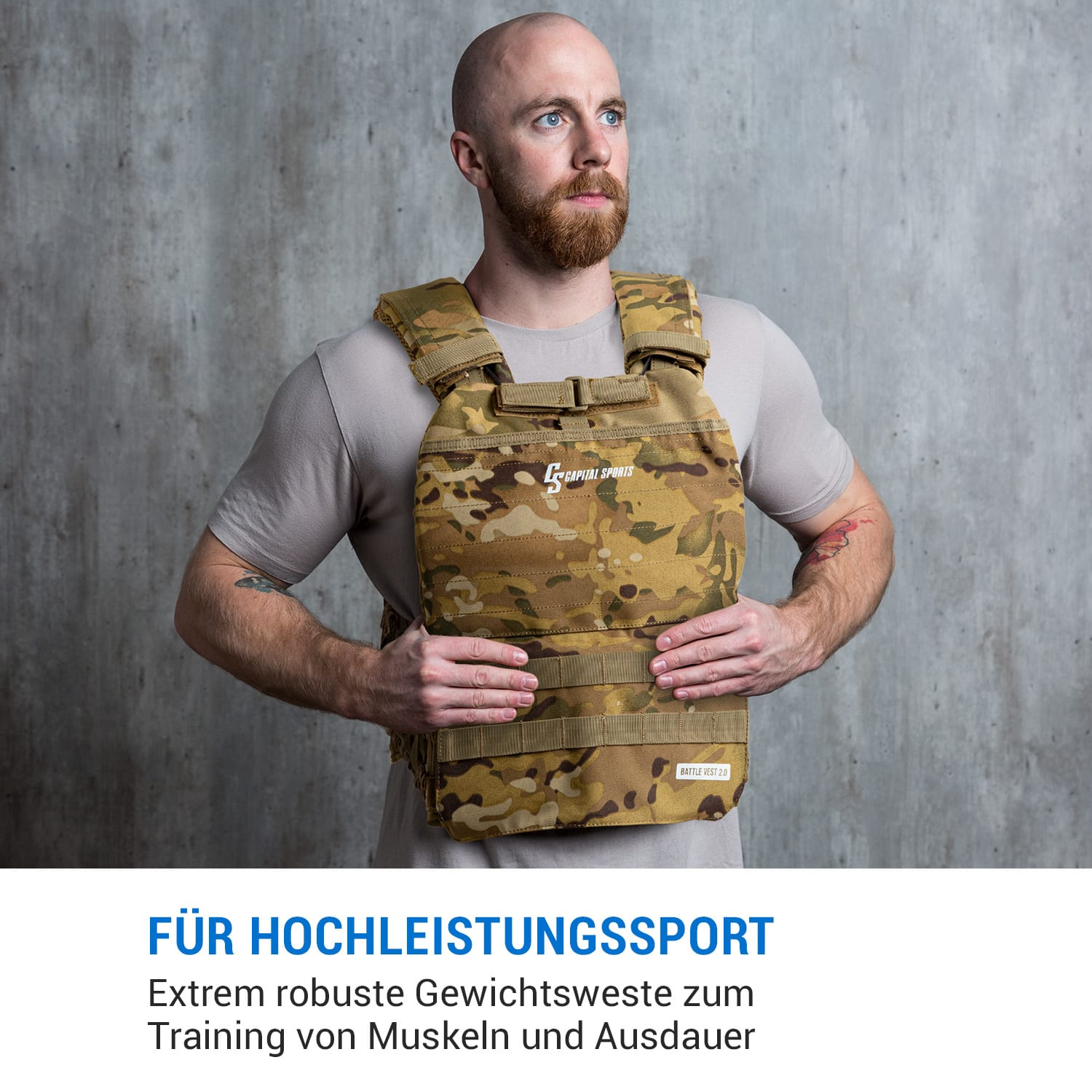 Mann mit Gewichtsweste im Camouflage-Muster. Text darunter: Für Hochleistungssport.
