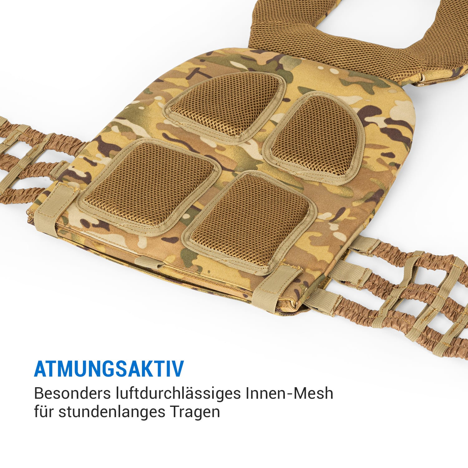 Tarnkörperpanzerung mit Mesh-Bereichen und Text "ATMUNGSAKTIV". Auf weißem Hintergrund.