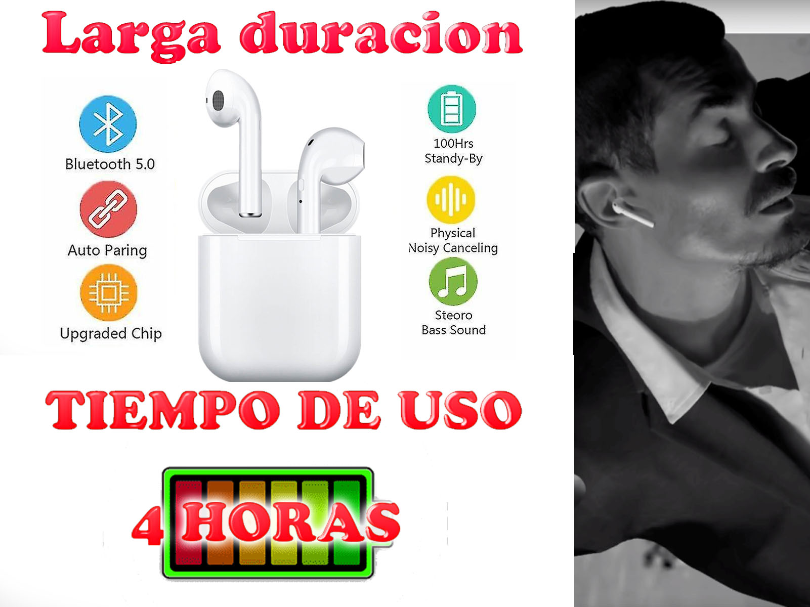 Auriculares blancos en un estuche. Texto: Bluetooth 5.0, Emparejamiento automático, Chip mejorado, 4 horas de uso. Hombre a la derecha.
