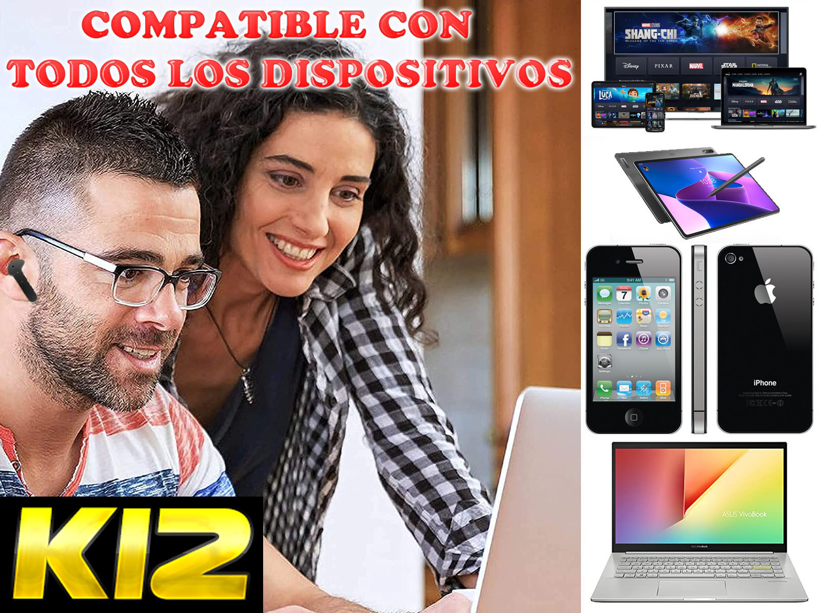 Hombre y mujer mirando una laptop. Varios dispositivos y un logo están en el fondo.