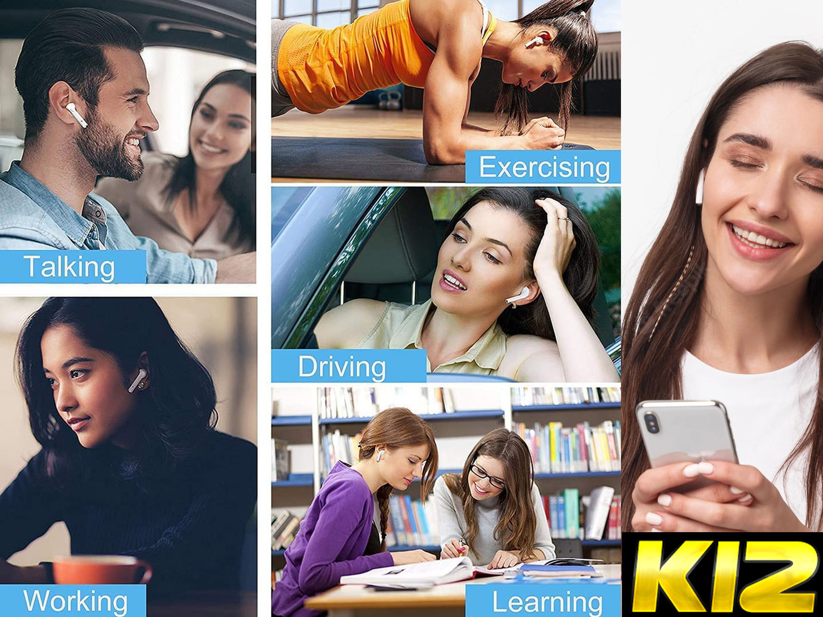 Collage de imágenes que muestra a personas usando auriculares blancos en varios escenarios: hablando, conduciendo, haciendo ejercicio, etc.