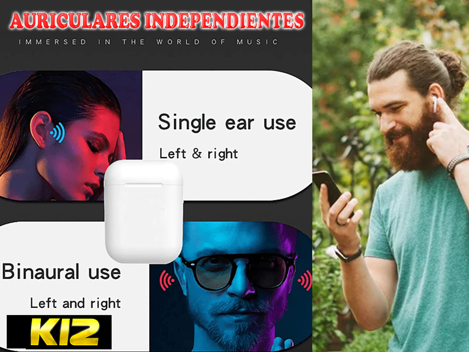 Un anuncio de auriculares inalámbricos. Un hombre usa un auricular. Se muestran imágenes de los auriculares y el estuche.