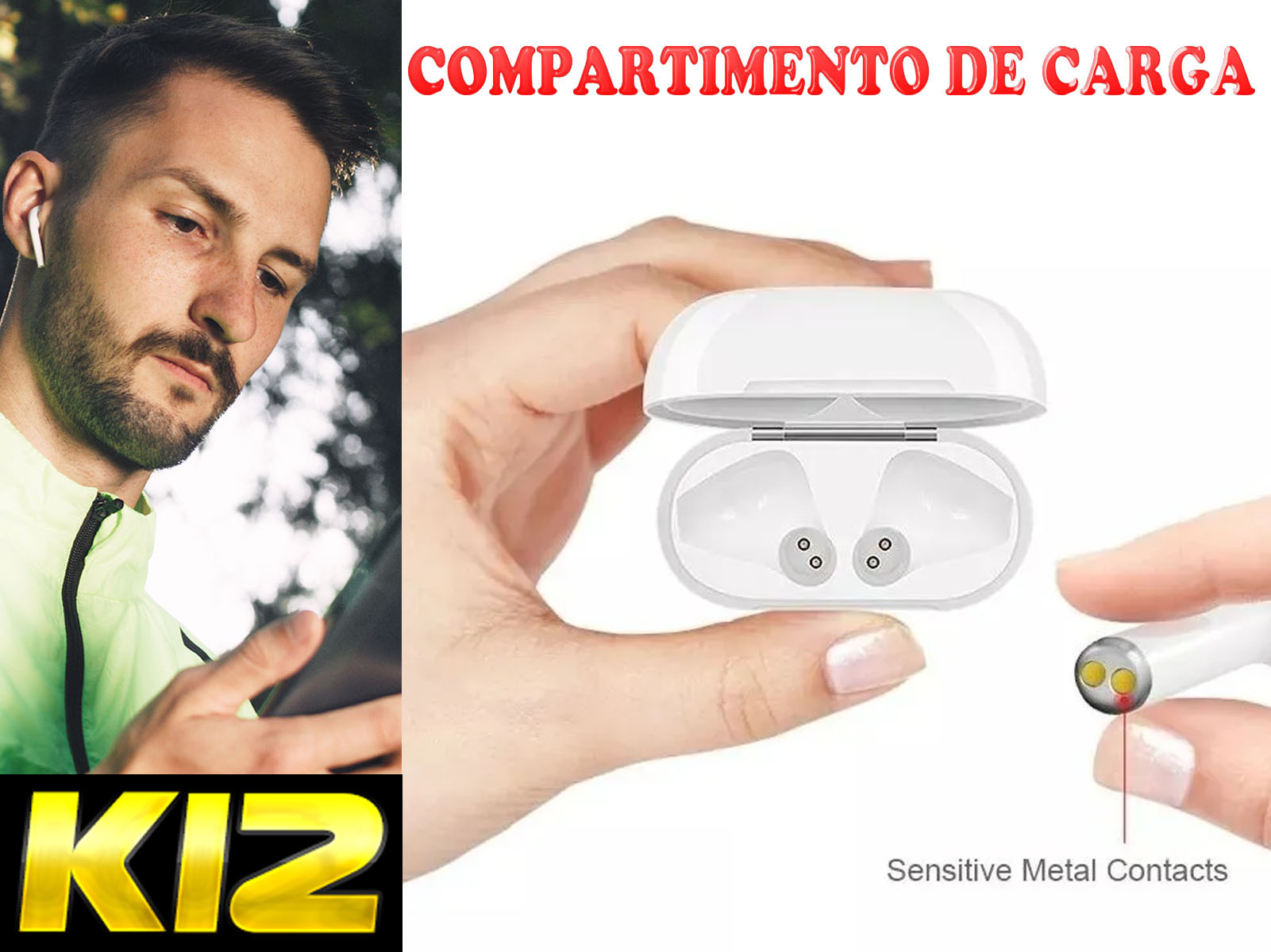 Hombre con auriculares sosteniendo teléfono, y estuche con auriculares. Texto: Compartimento de Carga.