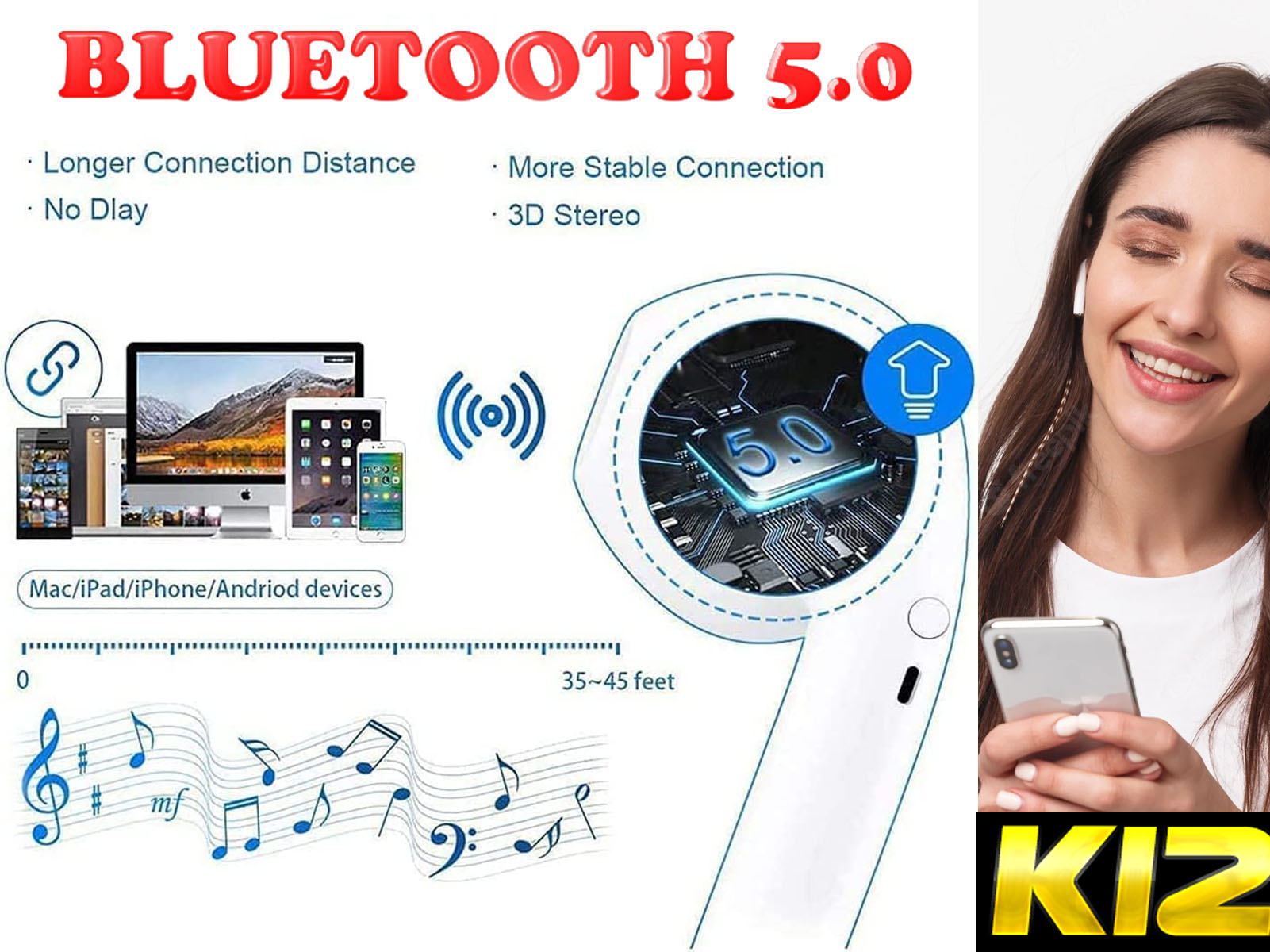 Mujer con auriculares y teléfono. Texto: Bluetooth 5.0. También se muestran dispositivos y notas musicales.