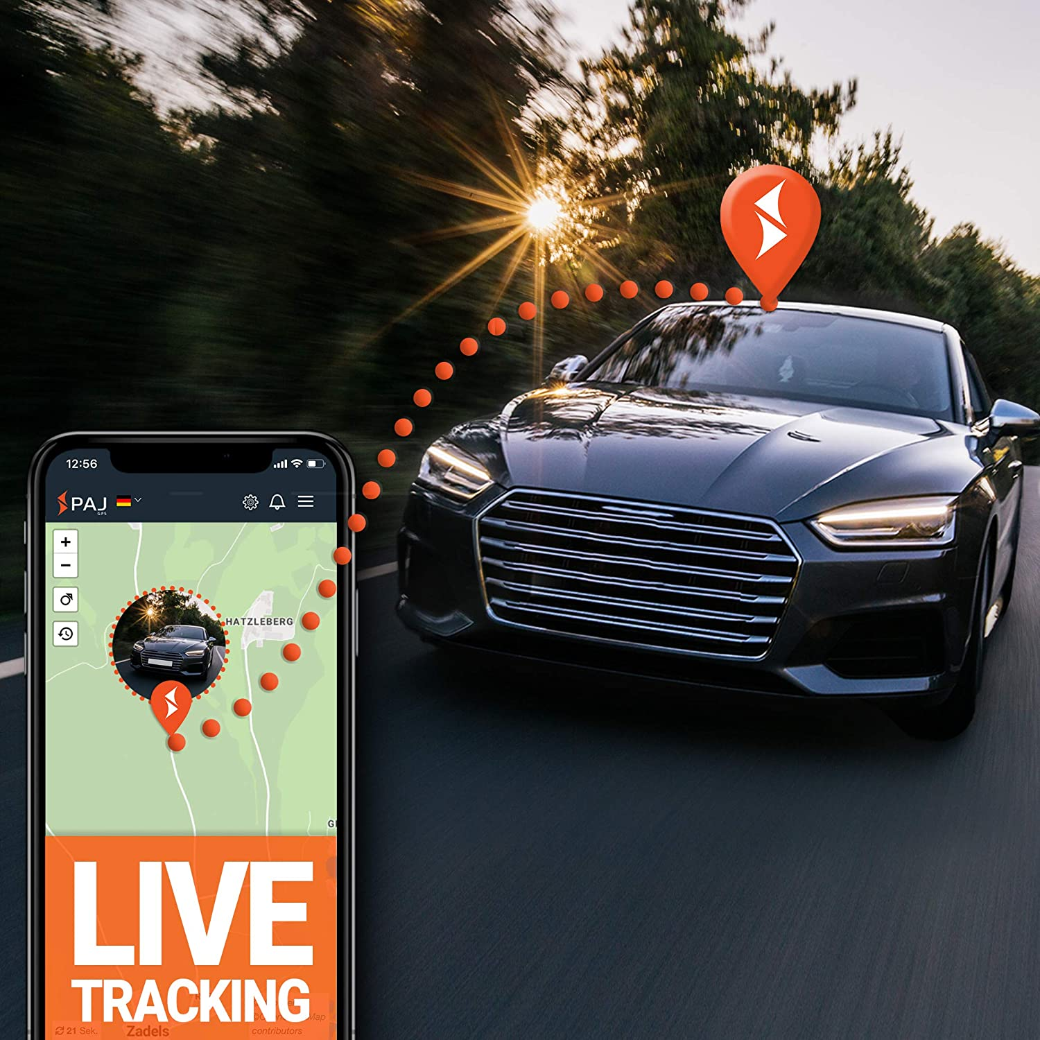 Smartphone mit Karte, die ein Auto verfolgt. Auto auf der Straße mit Tracking-Symbol. Sonnenuntergang im Hintergrund.