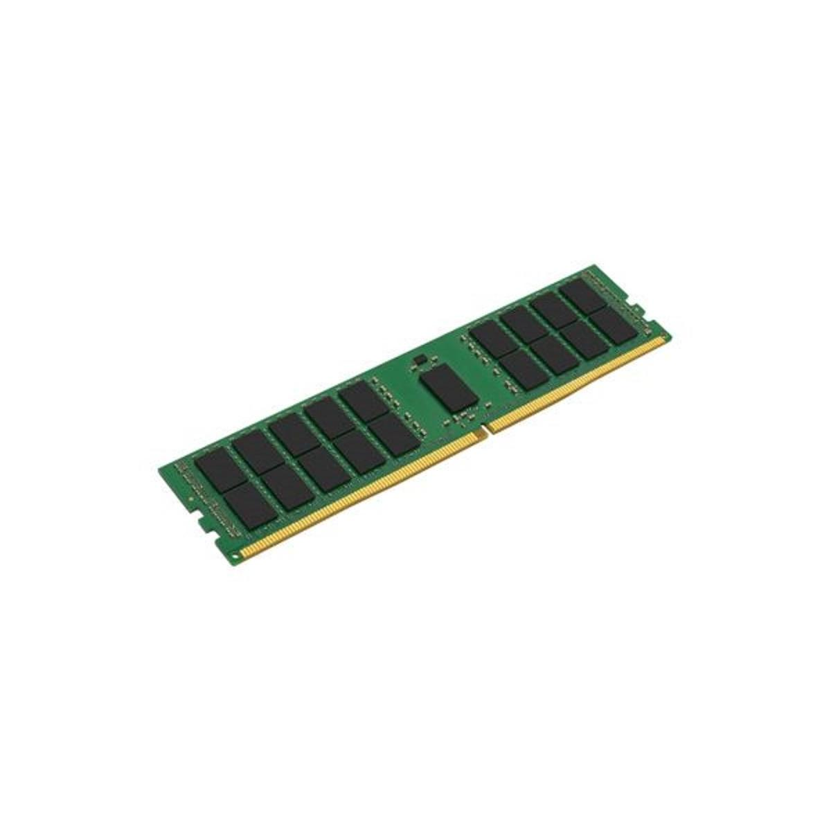 Une barrette de mémoire RAM verte sur fond blanc. La RAM est rectangulaire avec des puces noires.