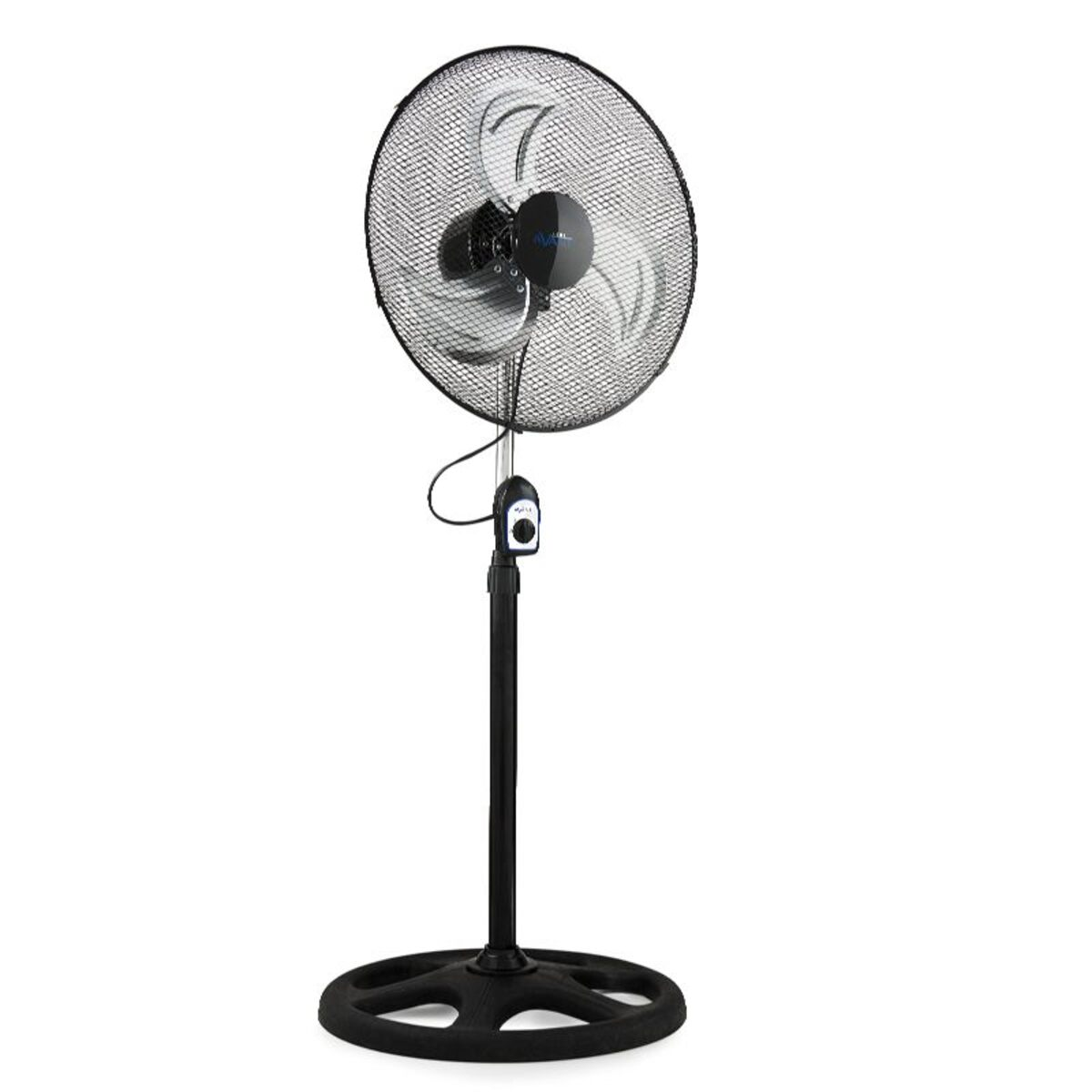 Ventilador de pie negro con rejilla protectora, sobre fondo blanco.