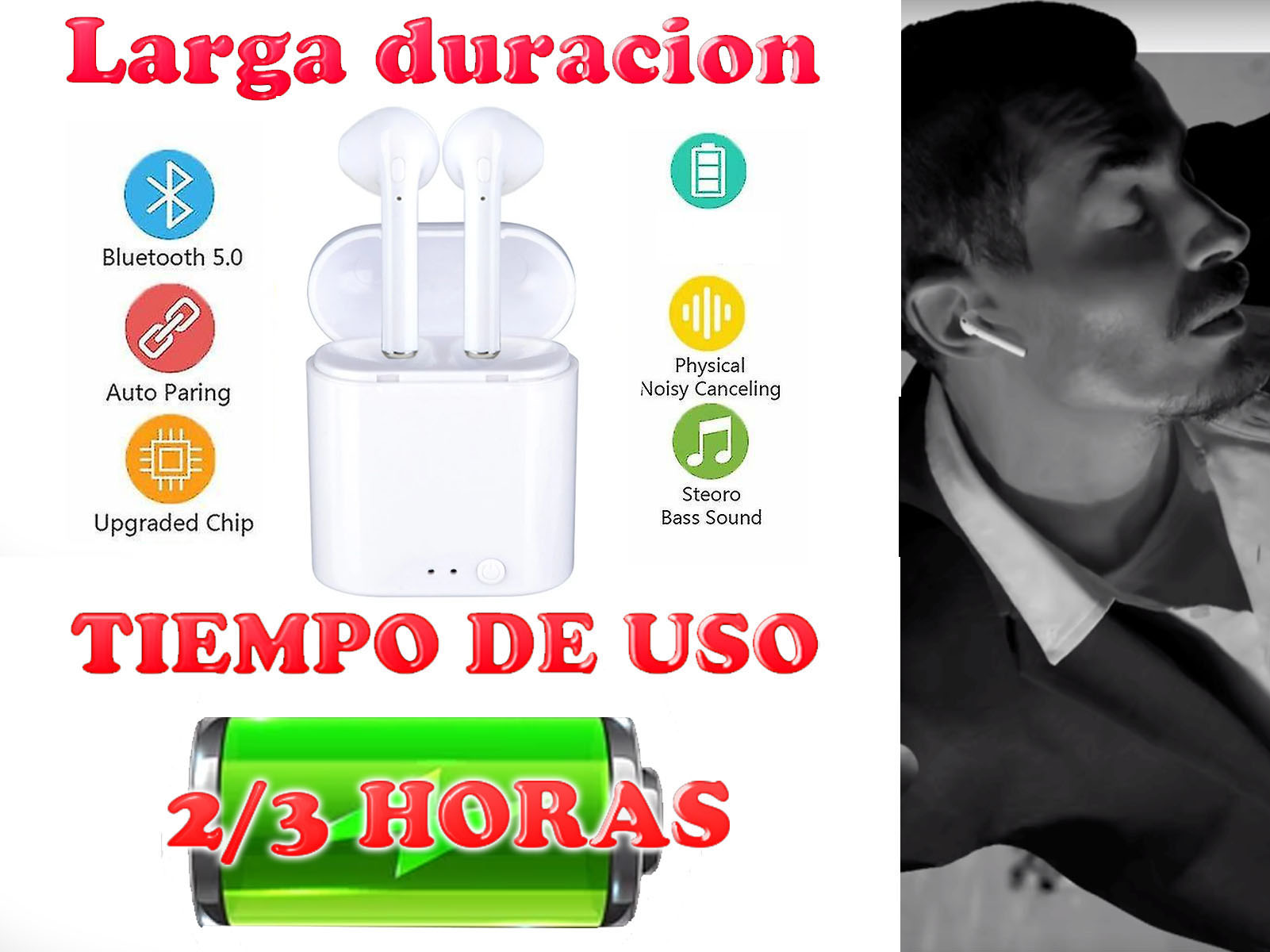 Auriculares inalámbricos blancos con estuche de carga. Texto incluye Bluetooth 5.0 y 2/3 horas.