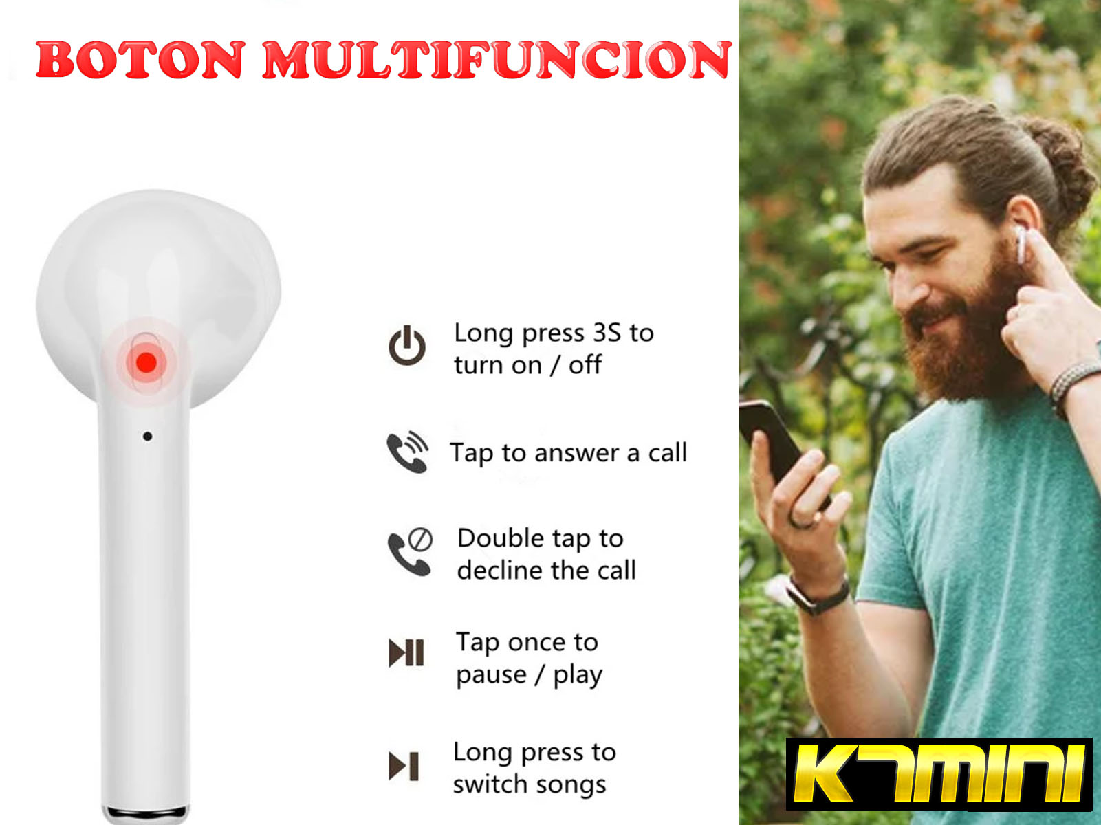 Auricular blanco, con instrucciones en un fondo, junto a una persona con barba.