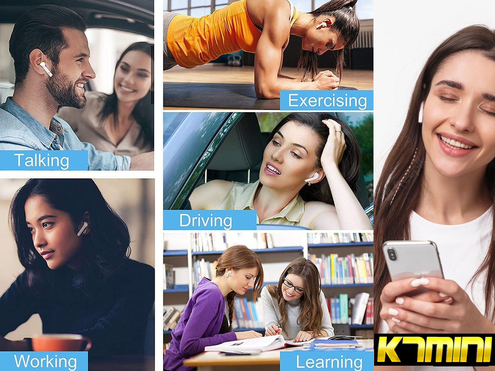 Imágenes de personas usando auriculares inalámbricos en diferentes entornos: hablando, haciendo ejercicio, conduciendo, aprendiendo.