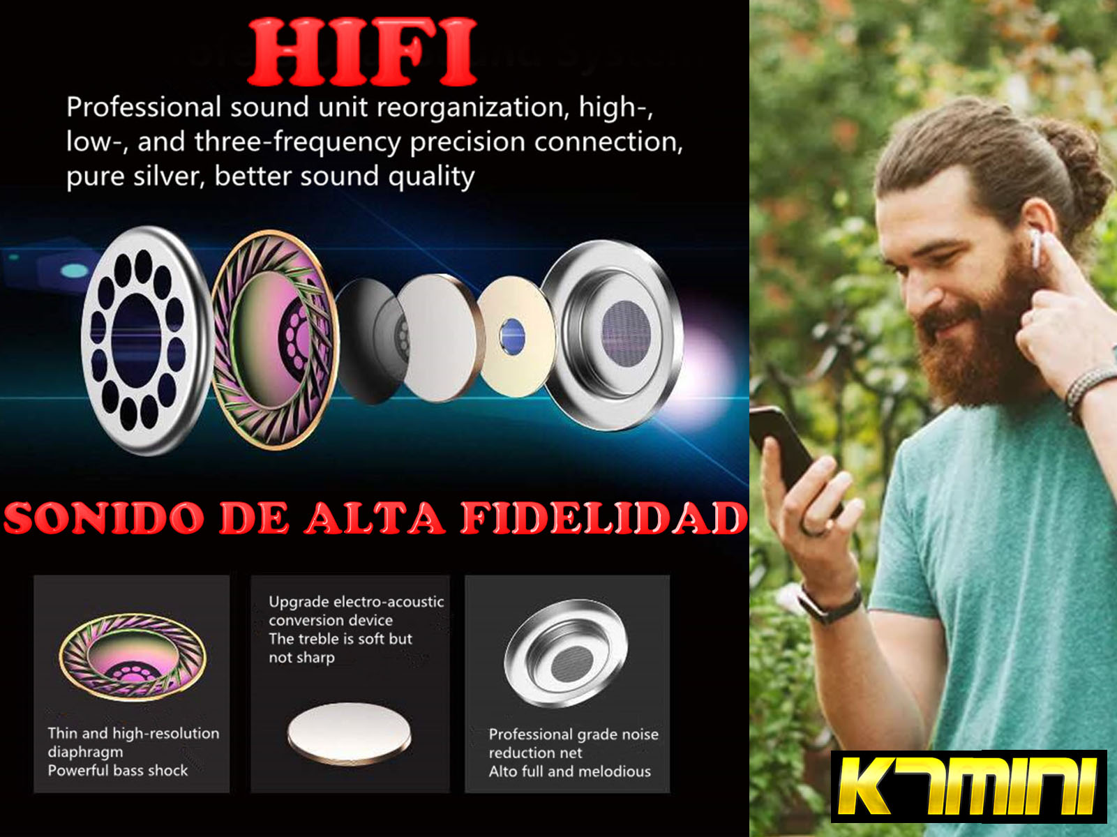 Hombre escuchando audio con auriculares. La imagen muestra a un hombre sosteniendo un teléfono y usando auriculares blancos.