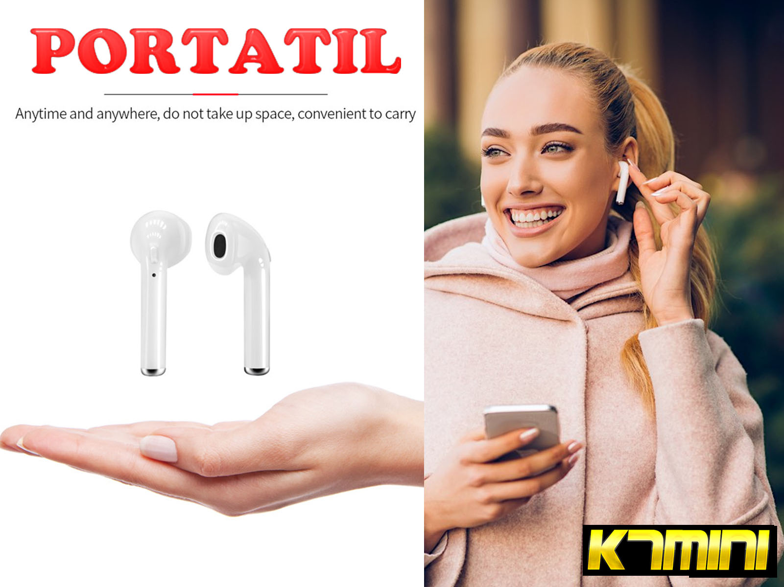 Una mujer con auriculares, sosteniendo un teléfono, con texto e imagen del producto.