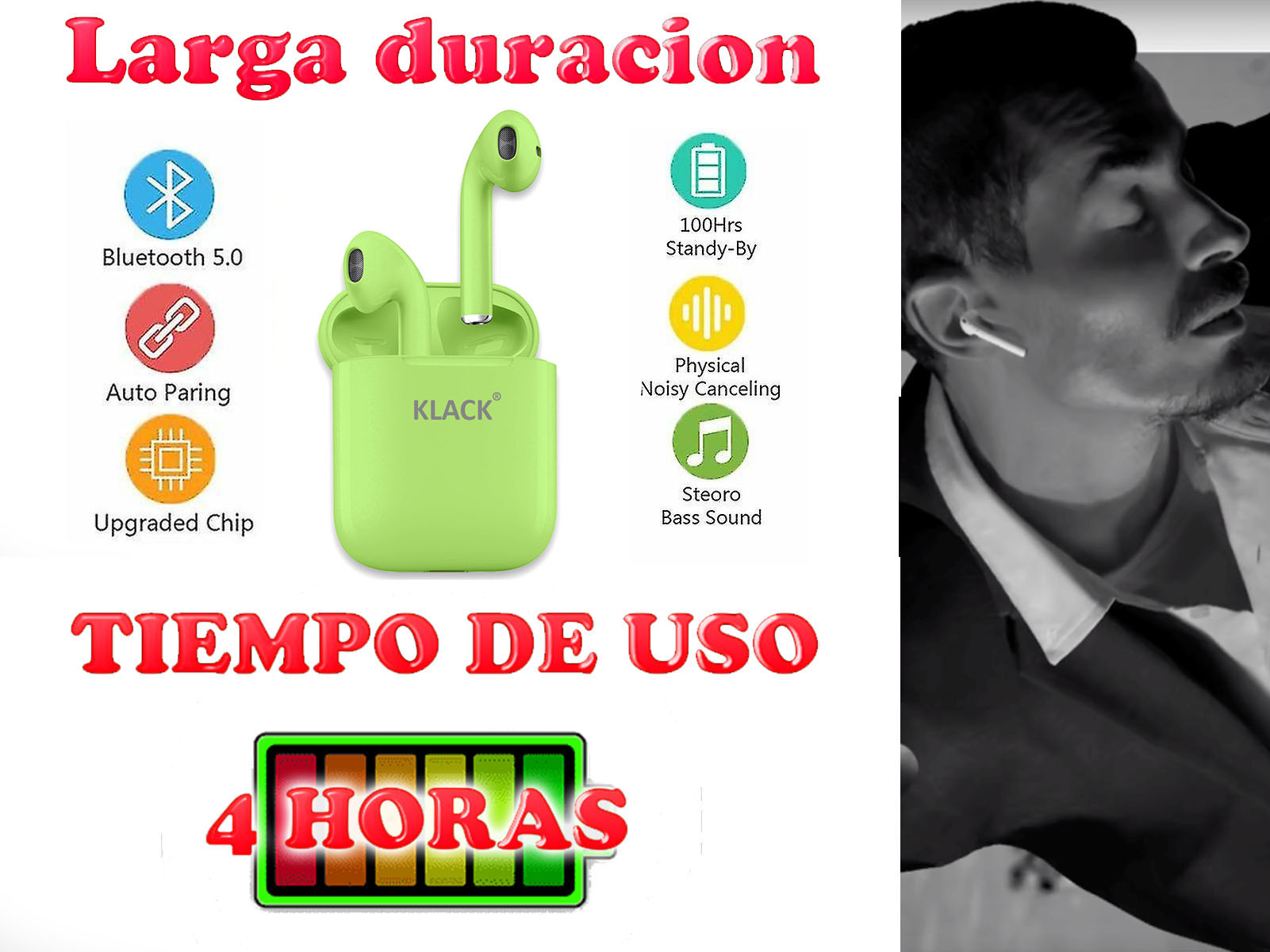 Imagen con auriculares verdes y texto sobre funciones: Bluetooth 5.0, 4 horas de uso, y más.