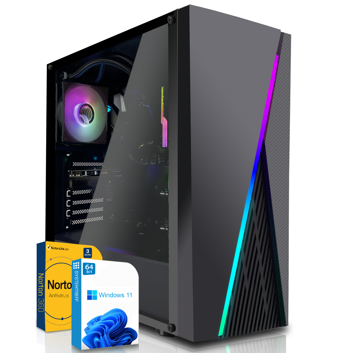 Schwarzes Computergehäuse mit durchsichtiger Seitenwand, Windows 11 und Norton Antivirus.