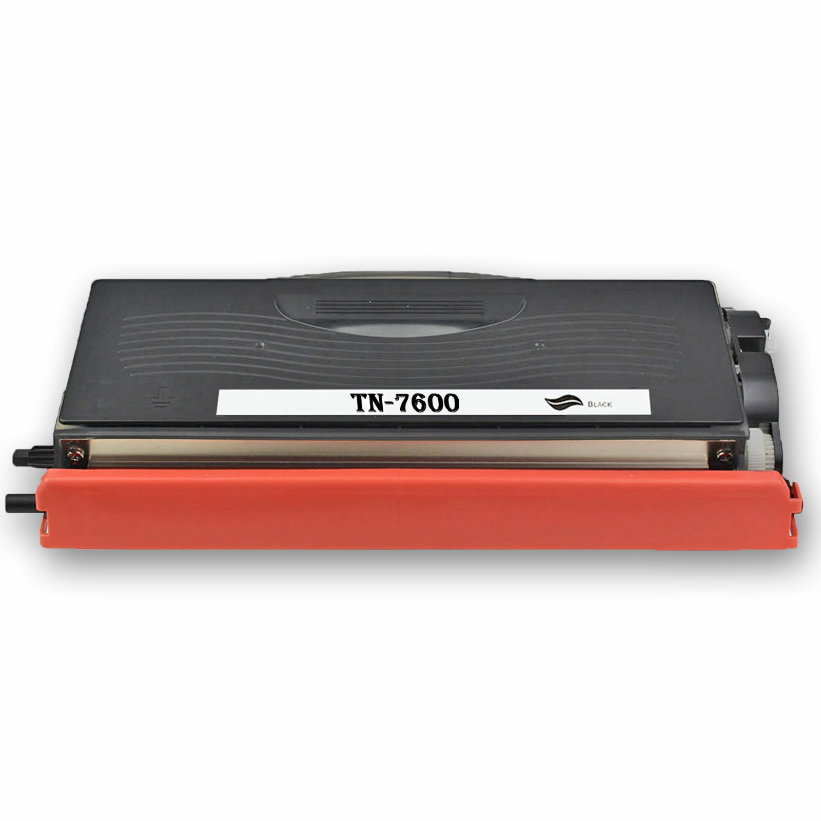 Schwarze Tonerkartusche mit weißem Etikett mit der Aufschrift TN-7600. Orange und schwarze Details.
