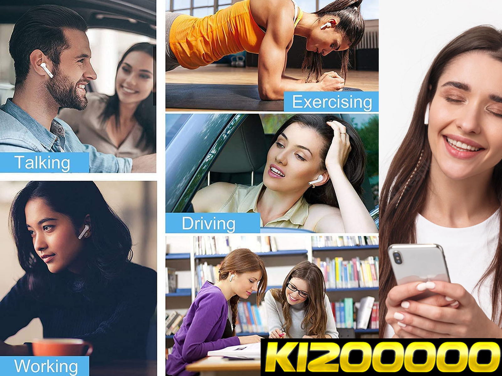 Múltiples imágenes muestran personas usando auriculares: hablando, conduciendo, haciendo ejercicio, trabajando y escuchando música. Producto: KIZ00000.