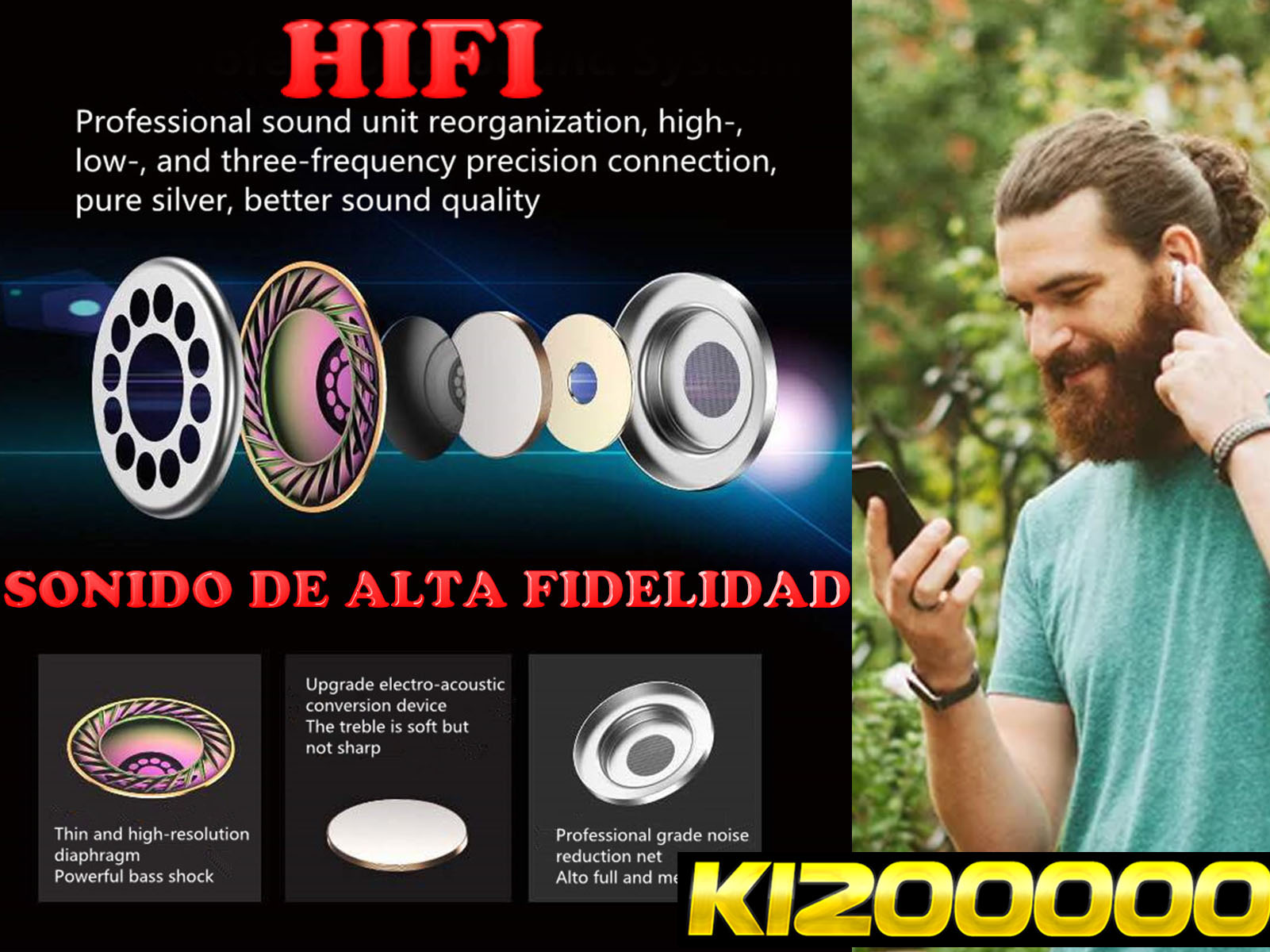 Hombre con auriculares, sonriendo. La imagen muestra detalles del diseño del auricular.