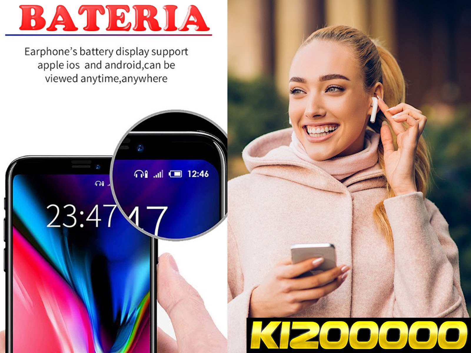 Mujer sosteniendo auriculares, sonriendo, con teléfono mostrando estadísticas de batería.