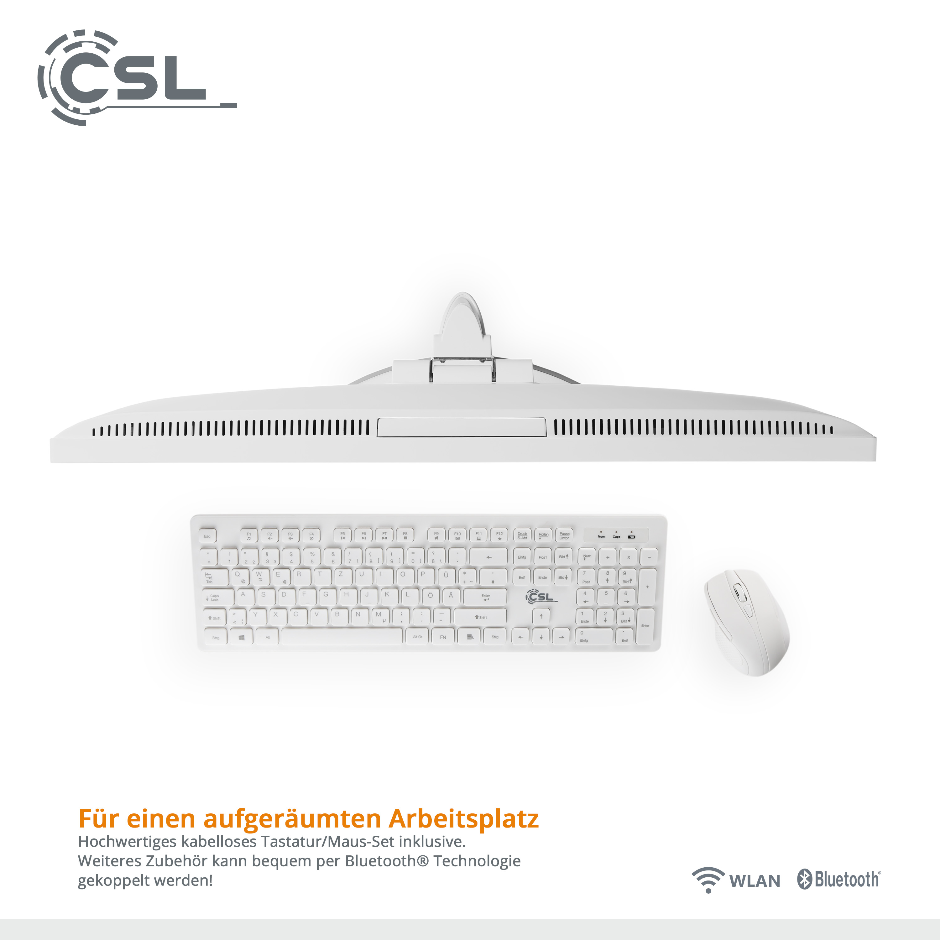 Ein weißes Computer-Setup mit Tastatur, Maus und Monitor.