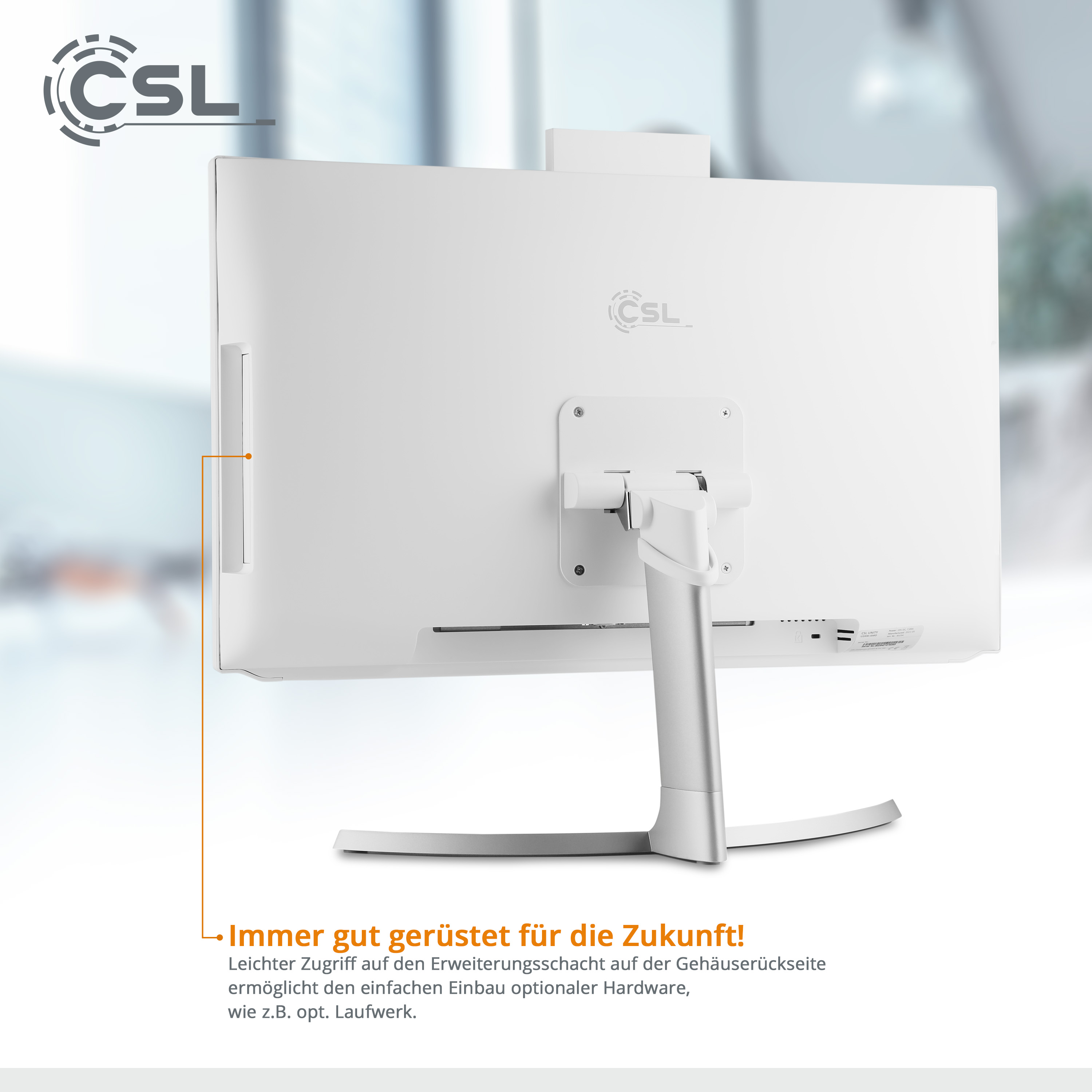 Die Rückseite eines weißen Computermonitors mit den Worten 'CSL' und Text auf Deutsch.