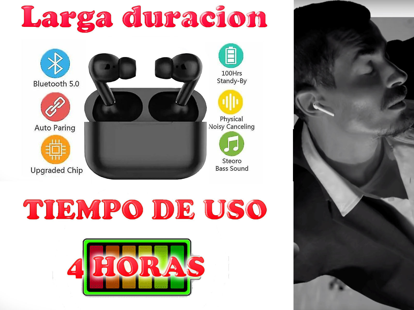 Auriculares negros en estuche de carga y gráficos. Texto: "4 HORAS" y funciones.
