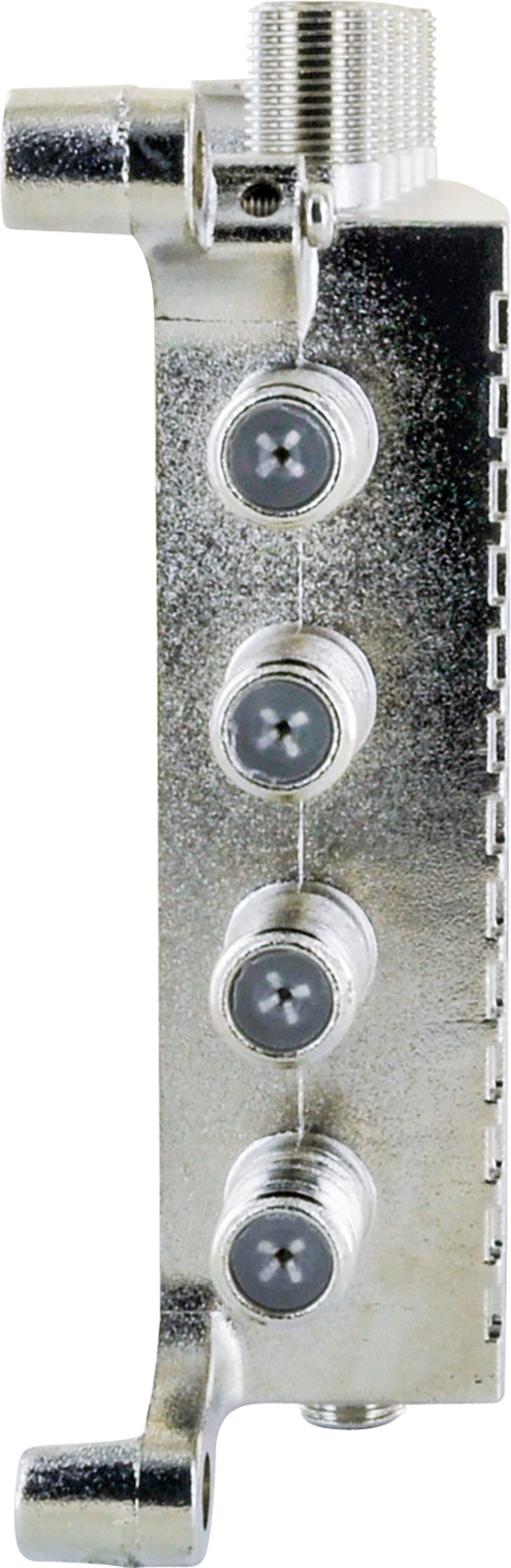 Silberner Metallsplitter mit vier Anschlüssen und einem Antennenanschluss oben.