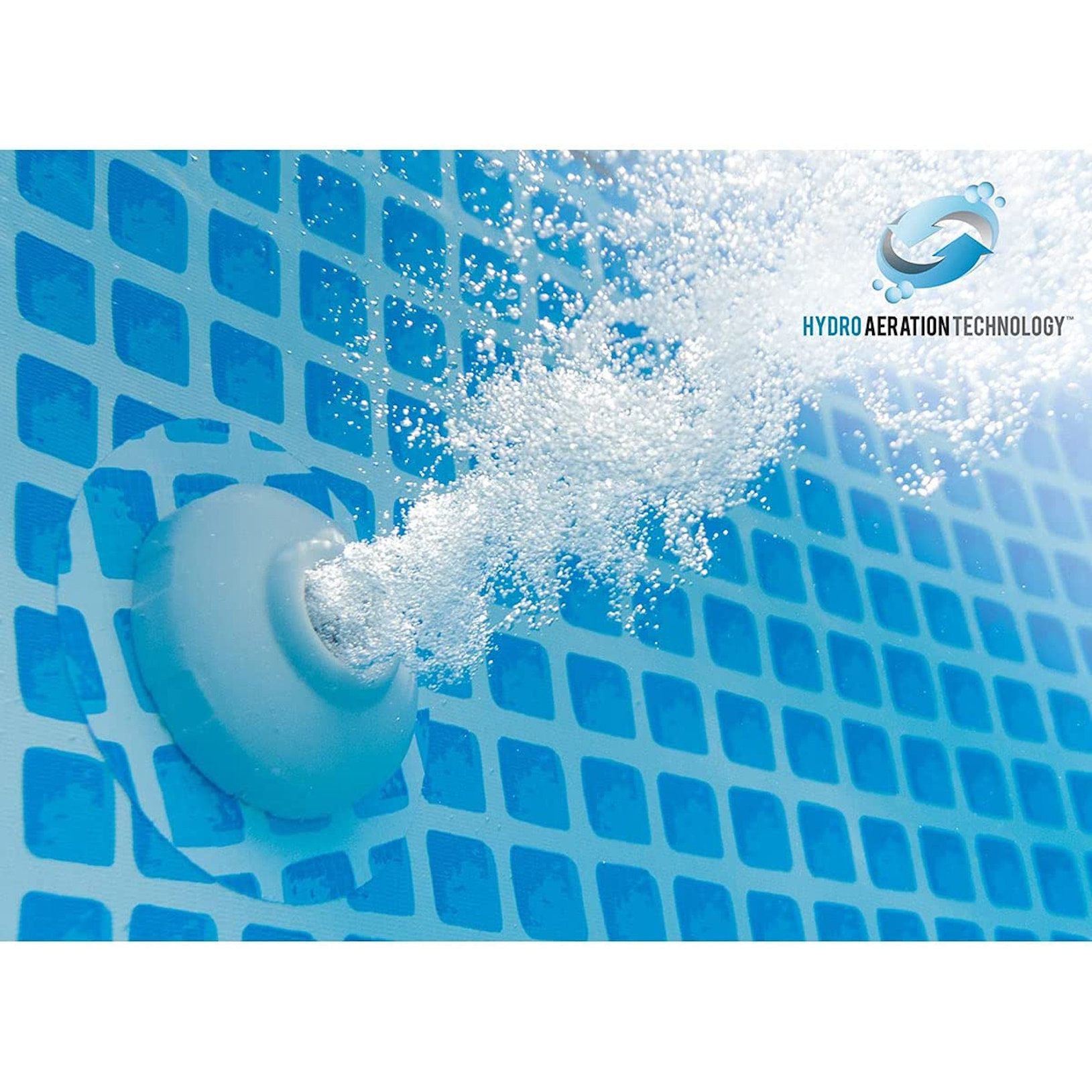 Nahaufnahme eines weißen Poolablaufs mit sprudelndem Wasser. Blaue, gitterförmige Poolwand. Text: Hydro Aeration Technology.