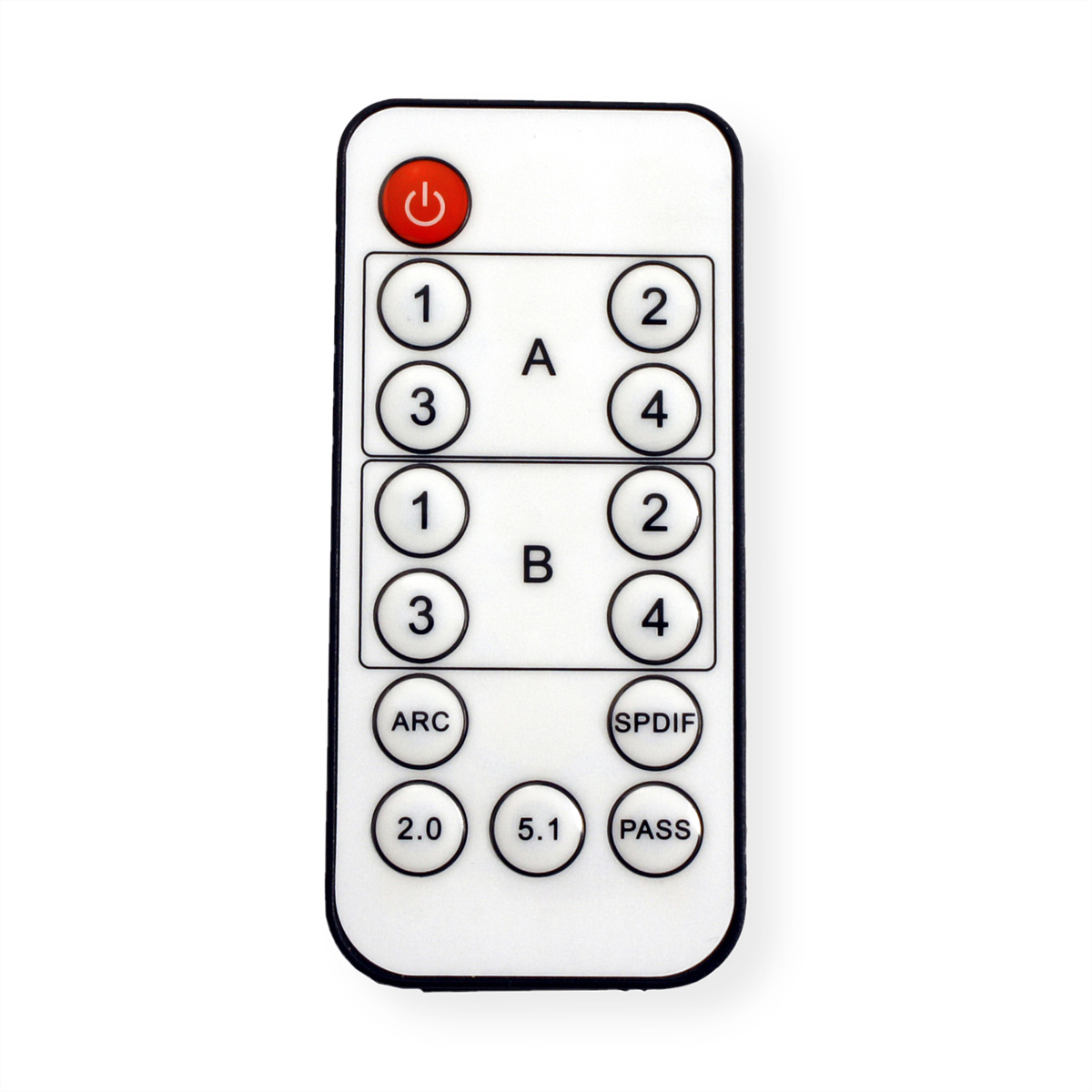 Télécommande blanche avec plusieurs boutons. Le bouton d'alimentation est rouge. Chiffres, lettres et symboles visibles.