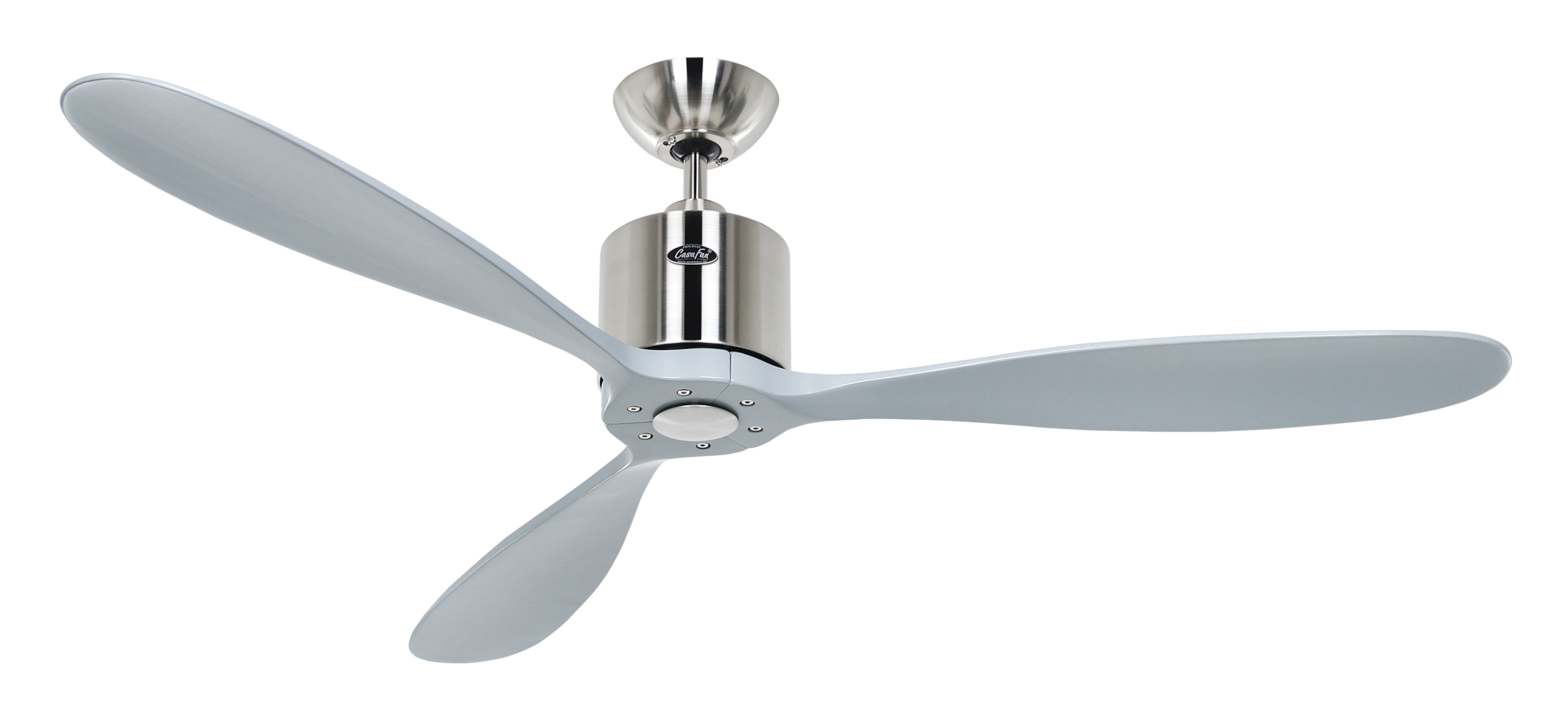 Ventilatore da soffitto argento e grigio con tre pale azzurre.
