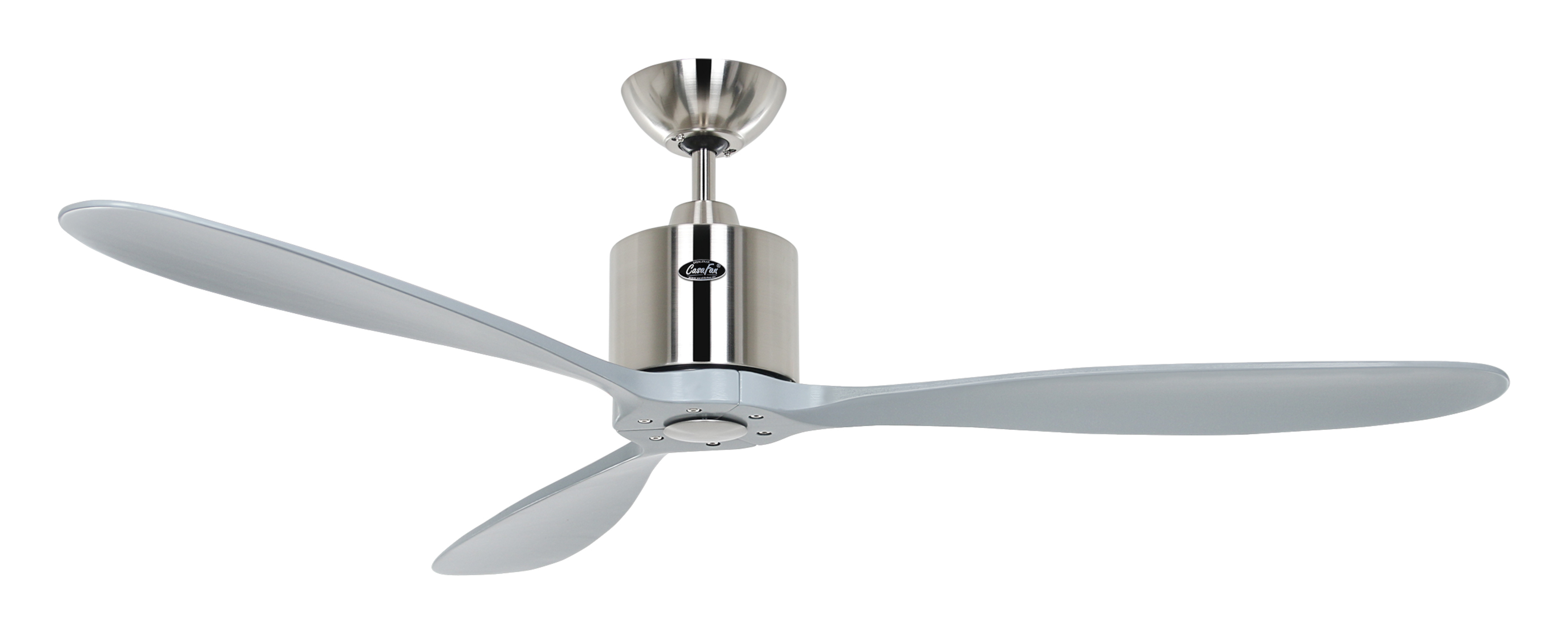 Ventilatore da soffitto con tre pale grigie e alloggiamento motore argentato, isolato su sfondo bianco.