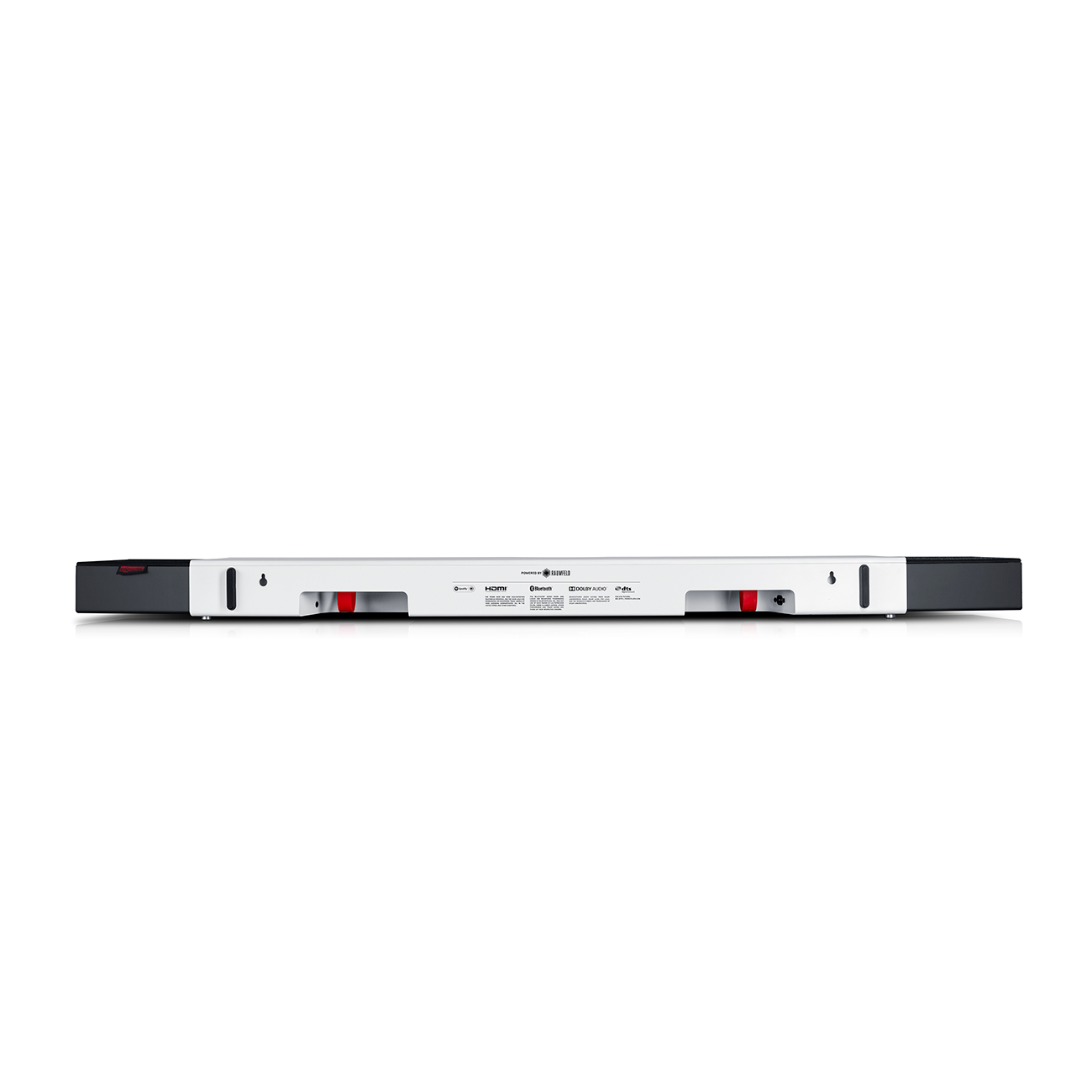 Rückseite einer Soundbar mit Anschlüssen, weißer Hintergrund.