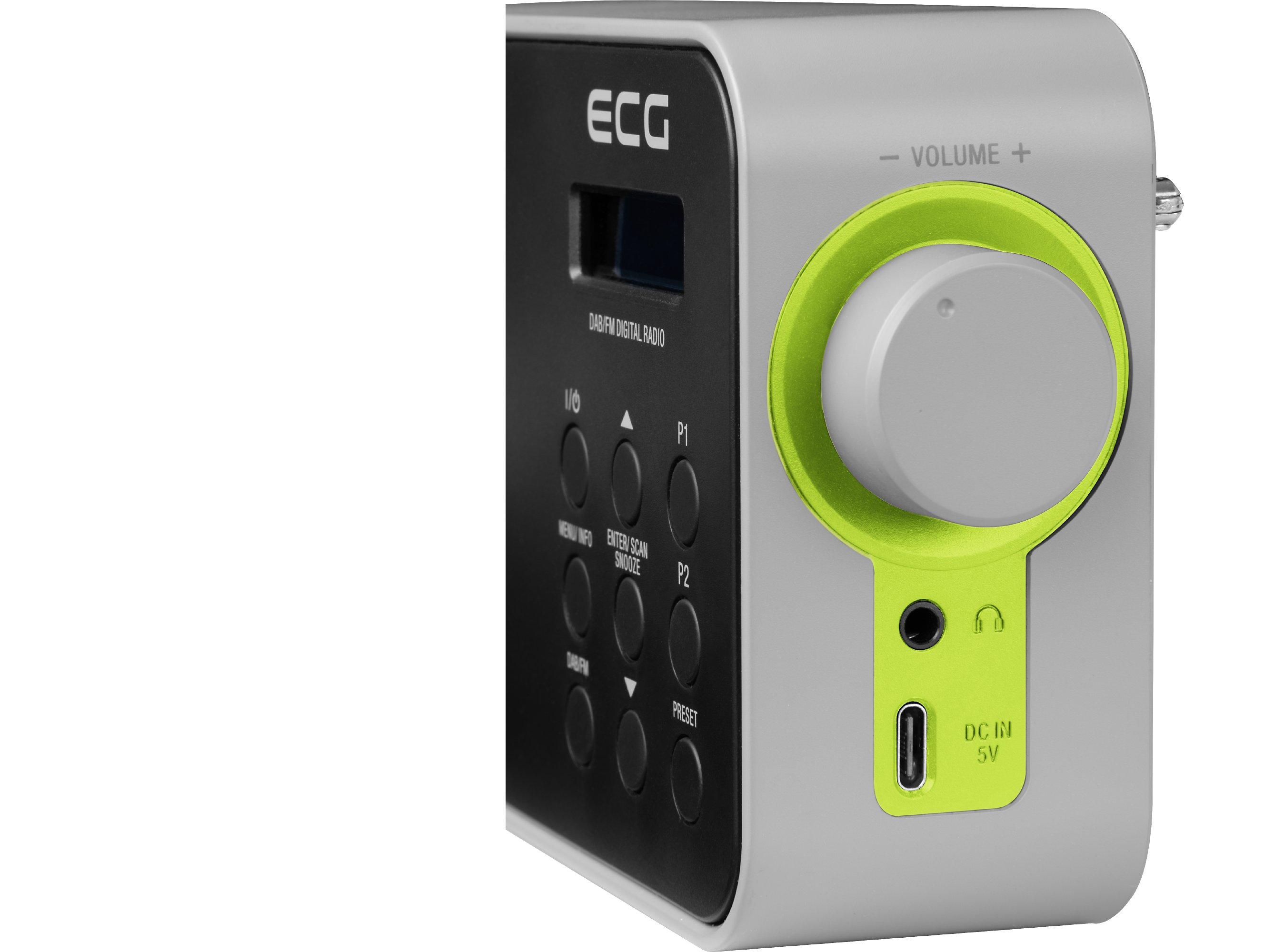 Ein kleines, graues und grünes Radio. Es hat Knöpfe, einen Lautstärkeregler und einen USB-Anschluss.