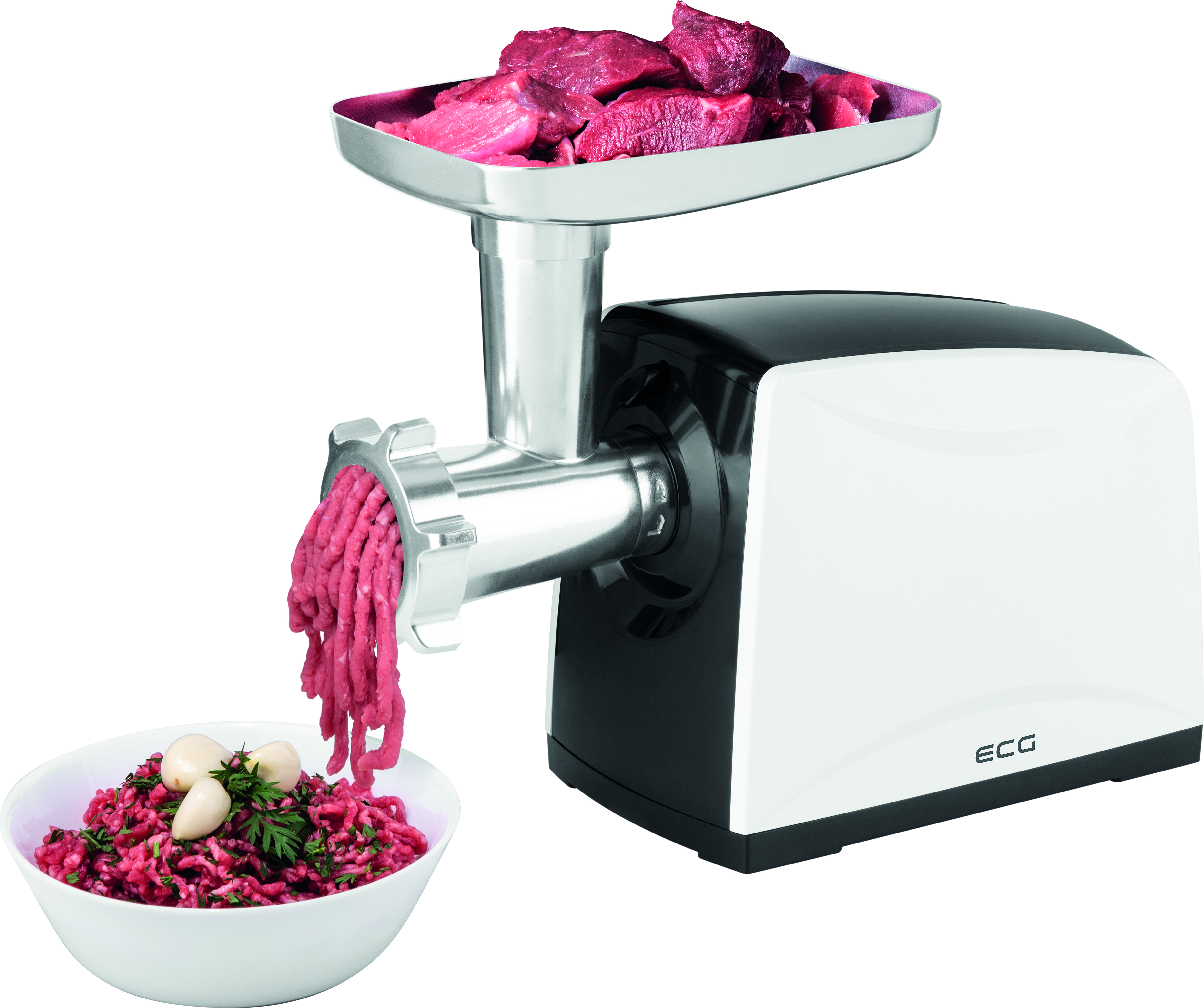 Maszynka do mięsa z mielonym mięsem i miską z ziołami i czosnkiem na pierwszym planie.