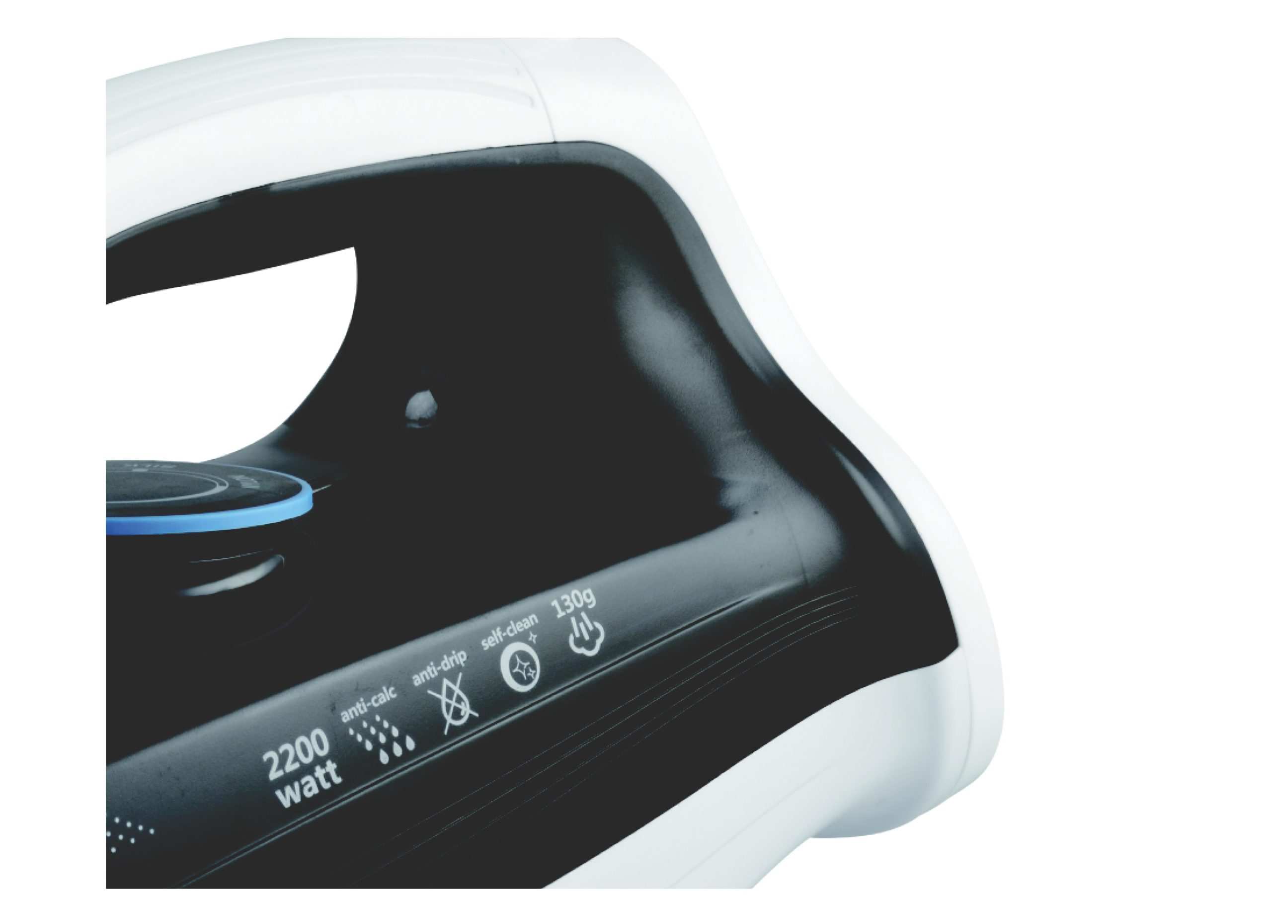 Nahaufnahme eines weißen und schwarzen Bügeleisens. Merkmale: 2200 Watt, Anti-Kalk, Selbstreinigung, 130g.