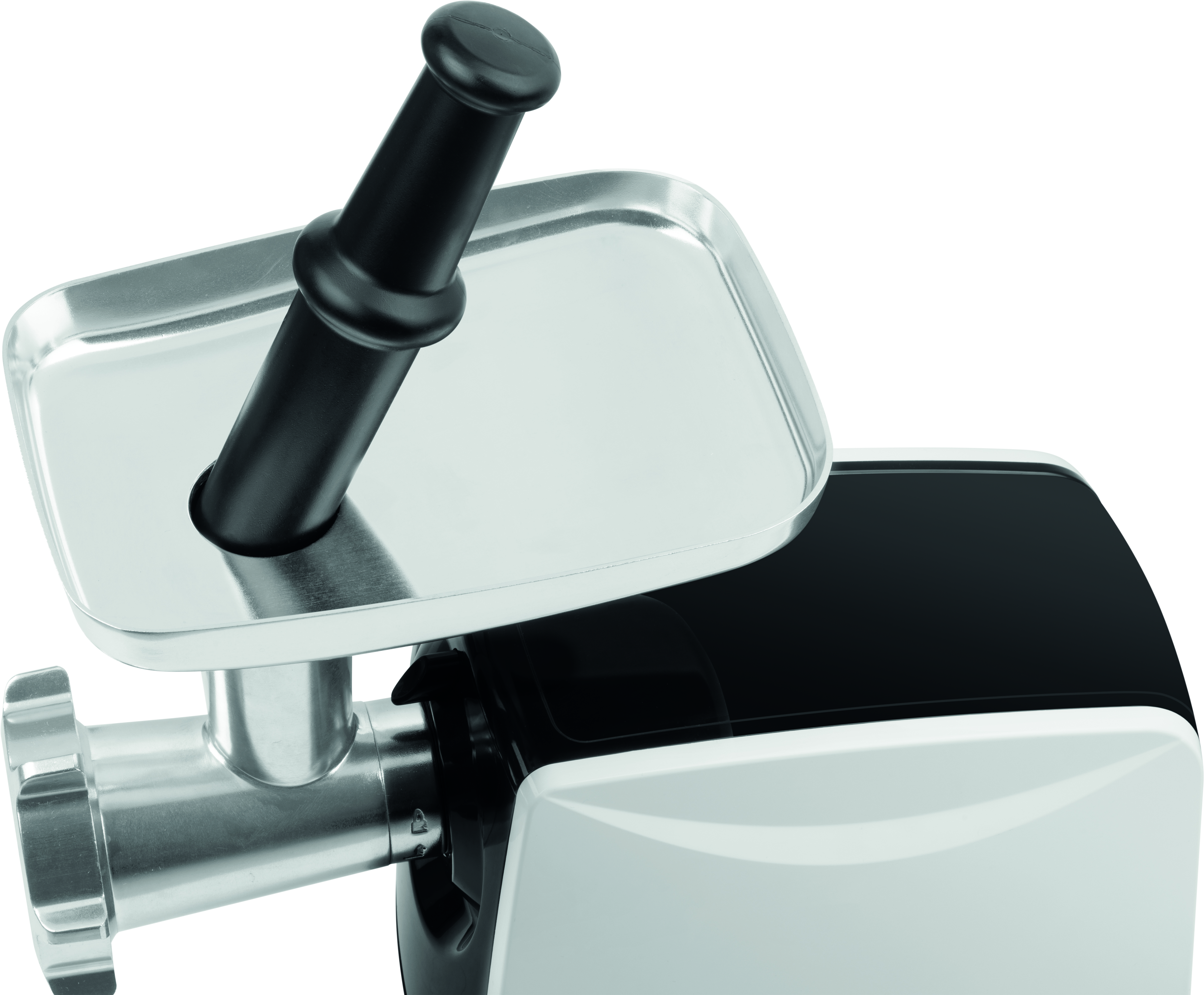 Zbliżenie maszynki do mięsa z czarnym uchwytem, tacką i białą obudową.