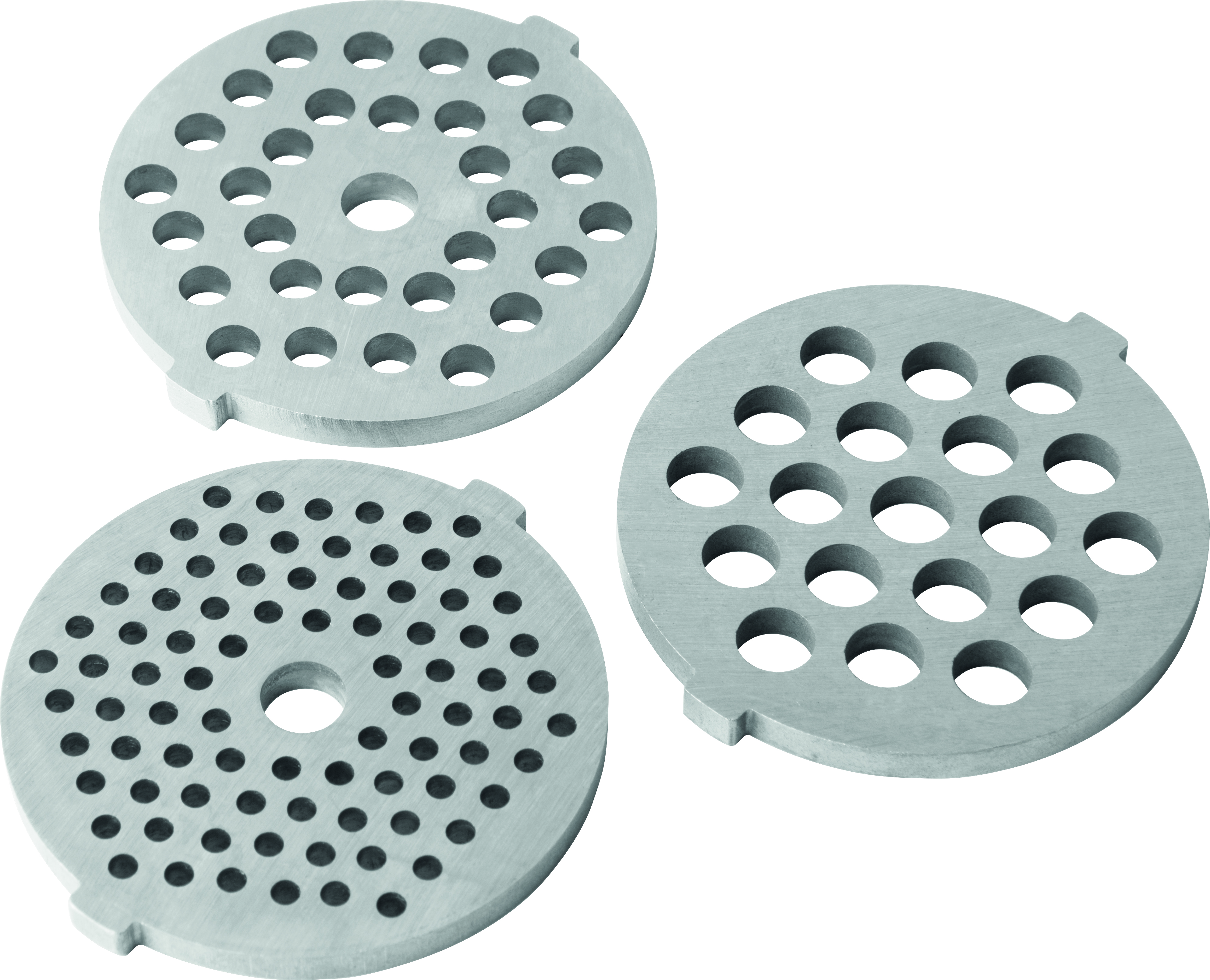 Trzy metalowe płyty do szlifowania o różnych rozmiarach otworów. Okrągłe z kilkoma otworami i wypustami.