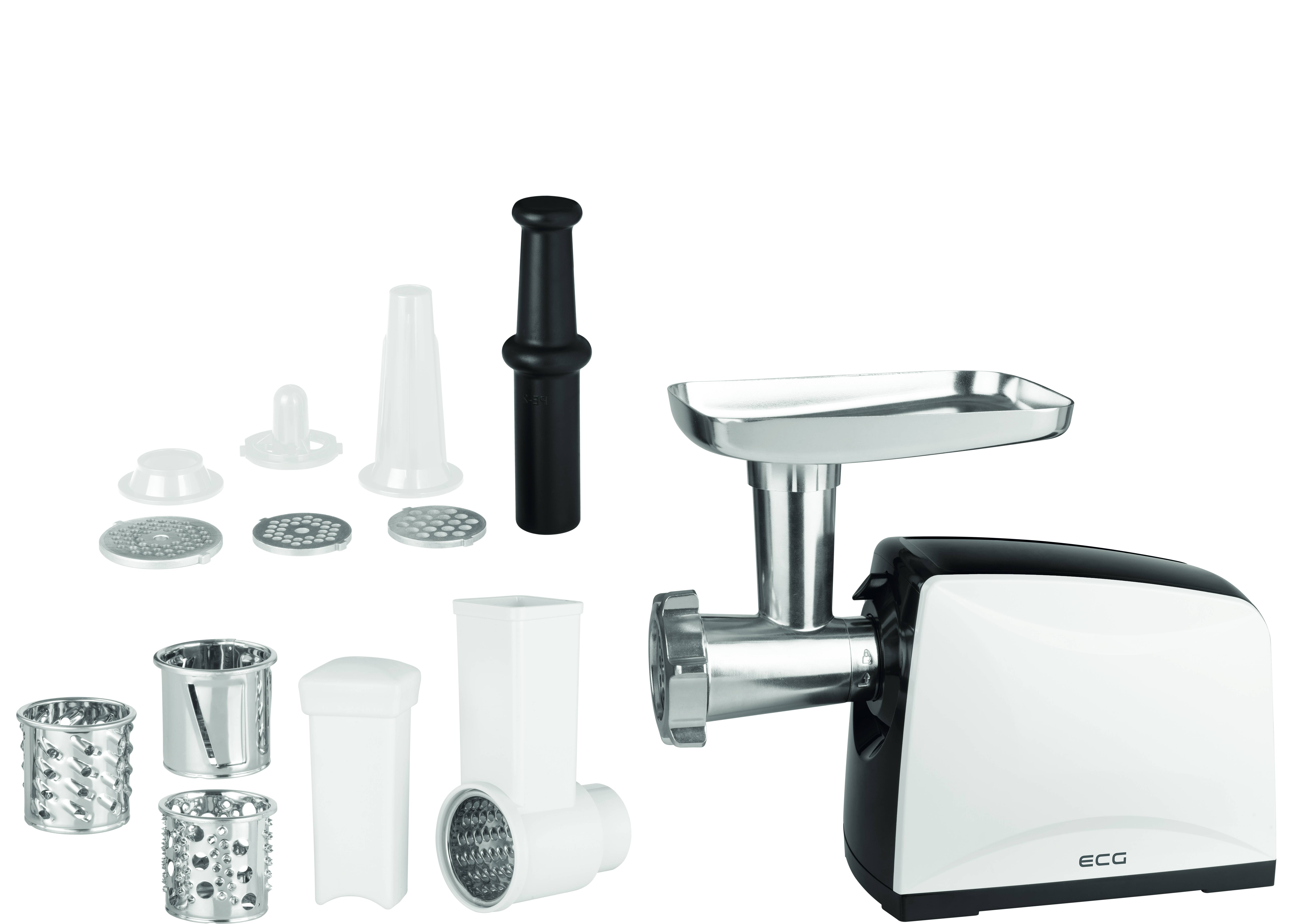 Maszynka do mielenia mięsa i akcesoria. Biało-czarna maszynka z wieloma akcesoriami. Różne rozmiary.