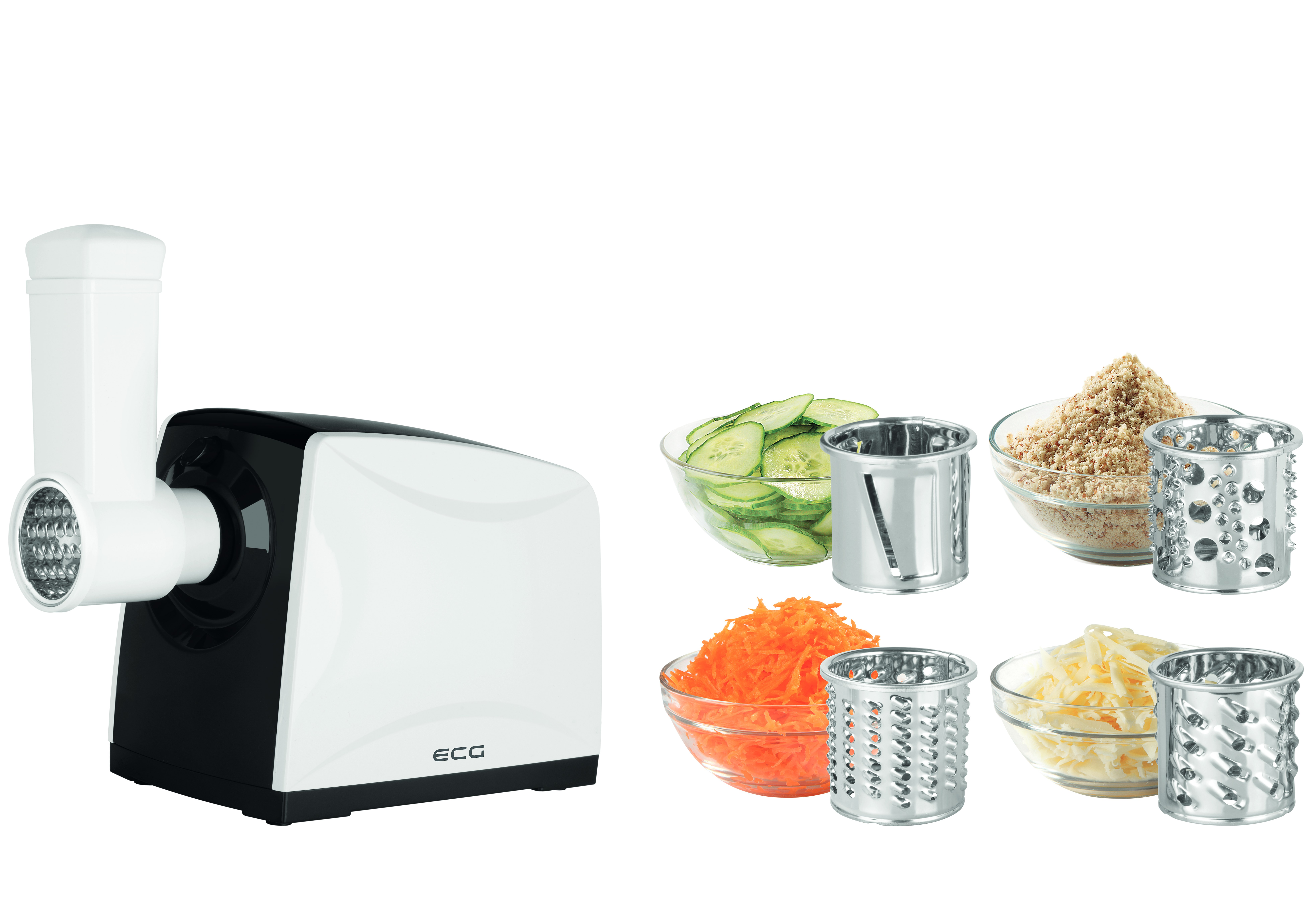 Biało-czarny robot kuchenny z różnymi przystawkami i miskami z jedzeniem. Białe tło.